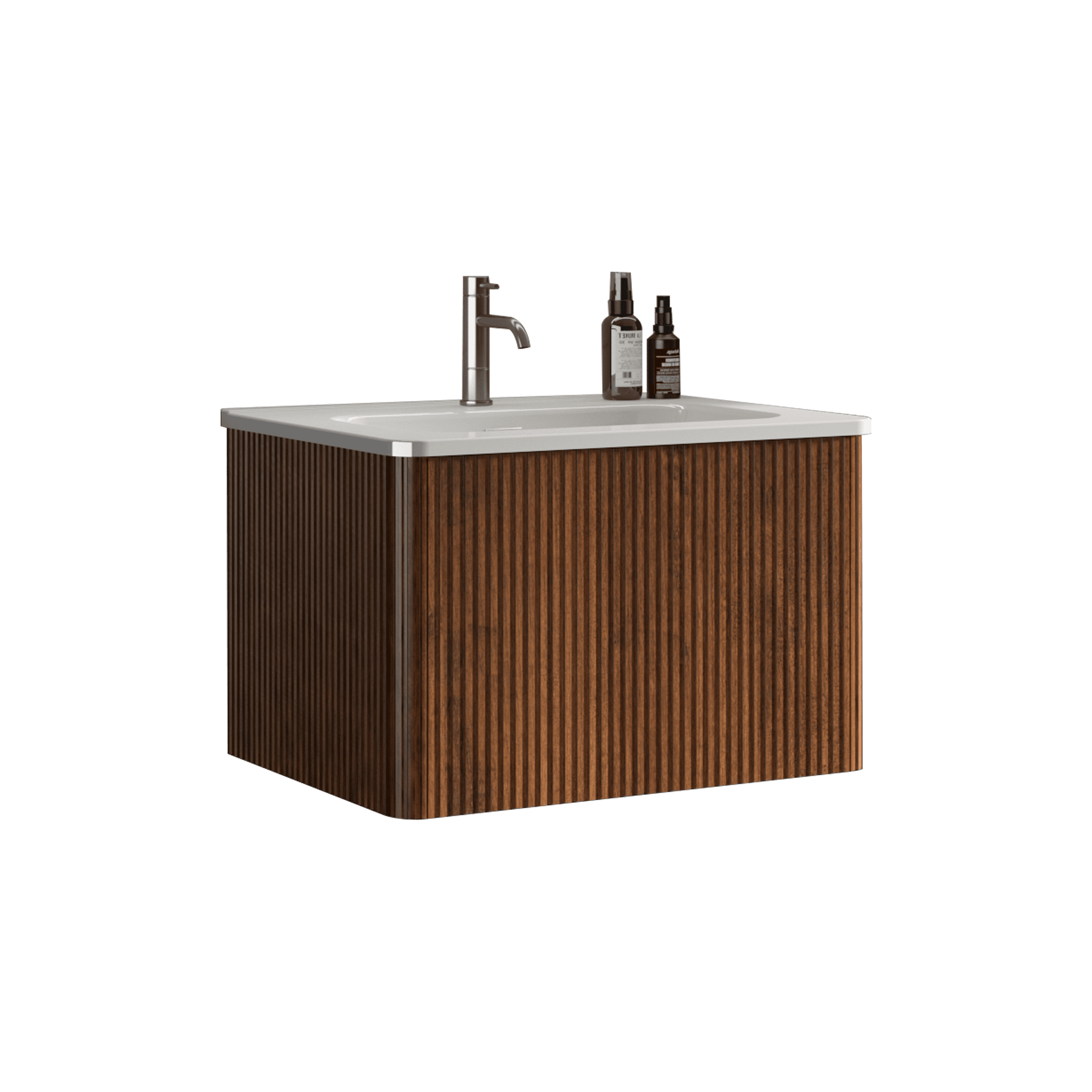 U046-Etna24W-305 Etna 24" Striped Walnut Bathroom Vanity with White Ceramic Sink, Wall Mounted Floating Bathroom Vanity for Modern Bathroom, One-Piece White Sink Basin without Drain and Faucet