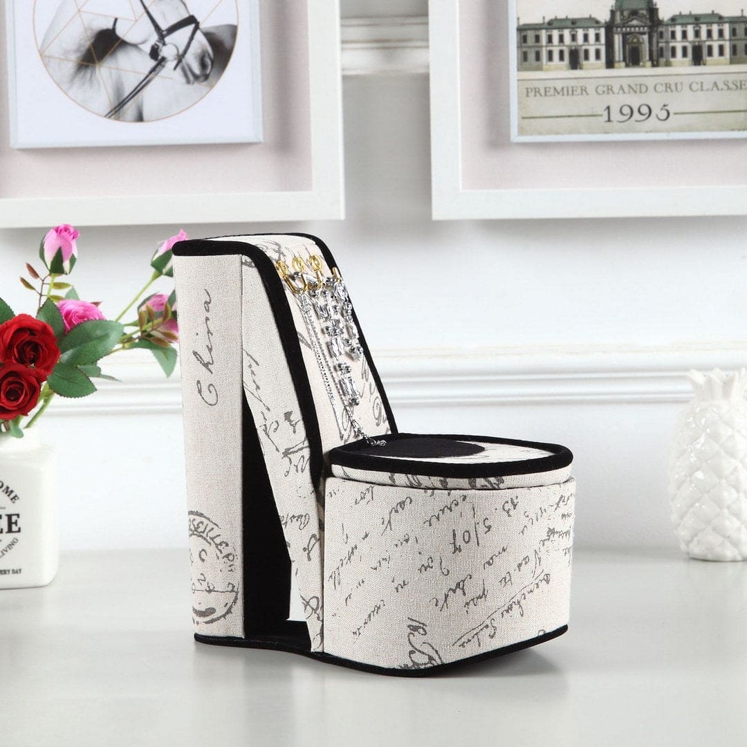 9" Tall Display Jewelry Box with Hooks, High Heel Shoe Design, Stencil Letter Print