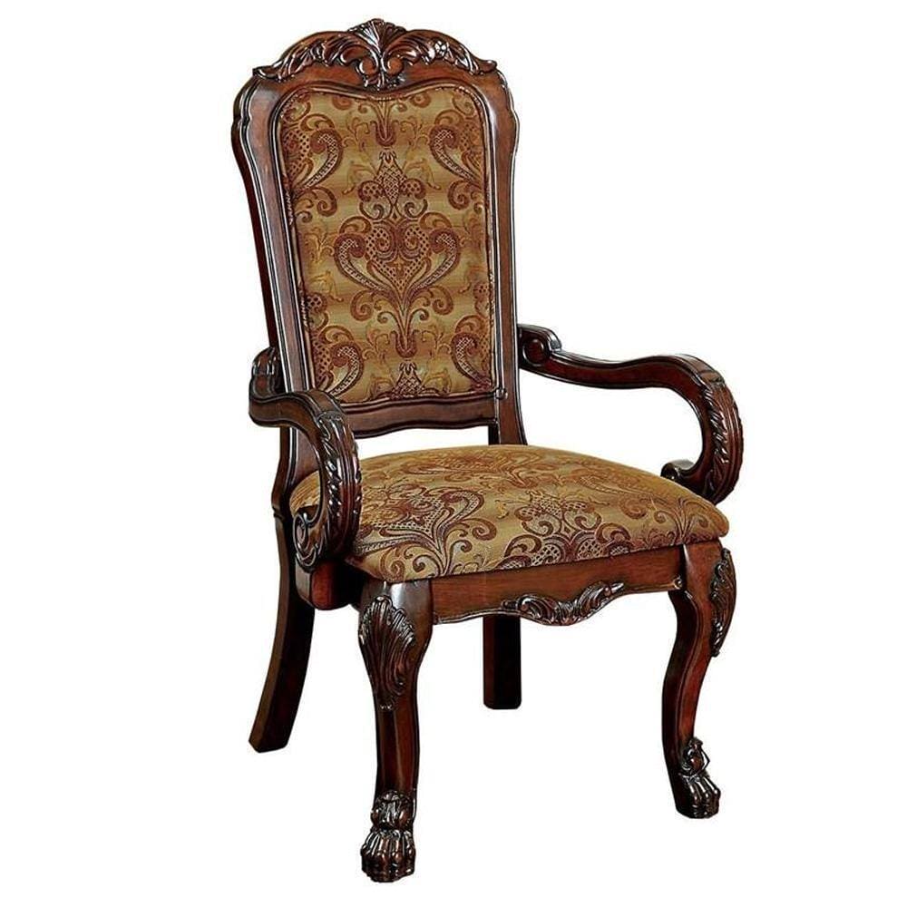 Formal Traditional Cherry Set of 2pc Arm Chairs Dining Room Brown Damask Print Fabric Solid wood Dining Chair