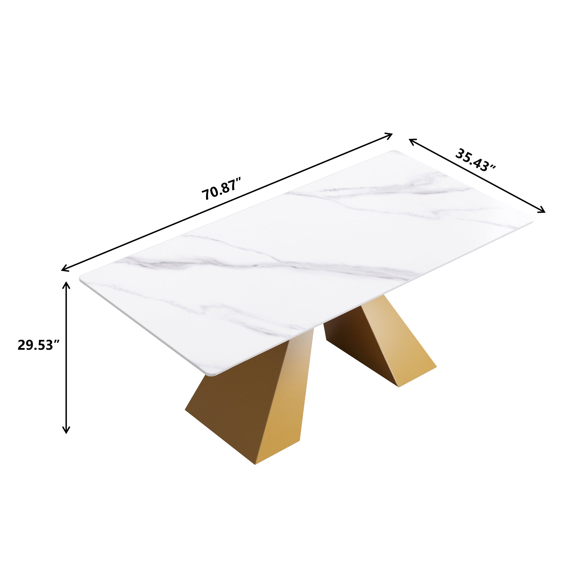 70.87" modern artificial stone white straight edge golden metal leg dining table-can accommodate 6-8 people