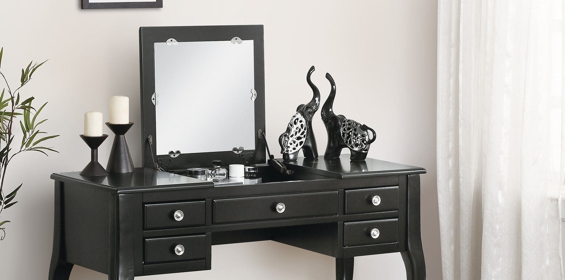 Classic 1pc Vanity Set w Stool Black Color Drawers Open-up Mirror Bedroom Furniture Unique Legs Cushion Seat Stool Vanity