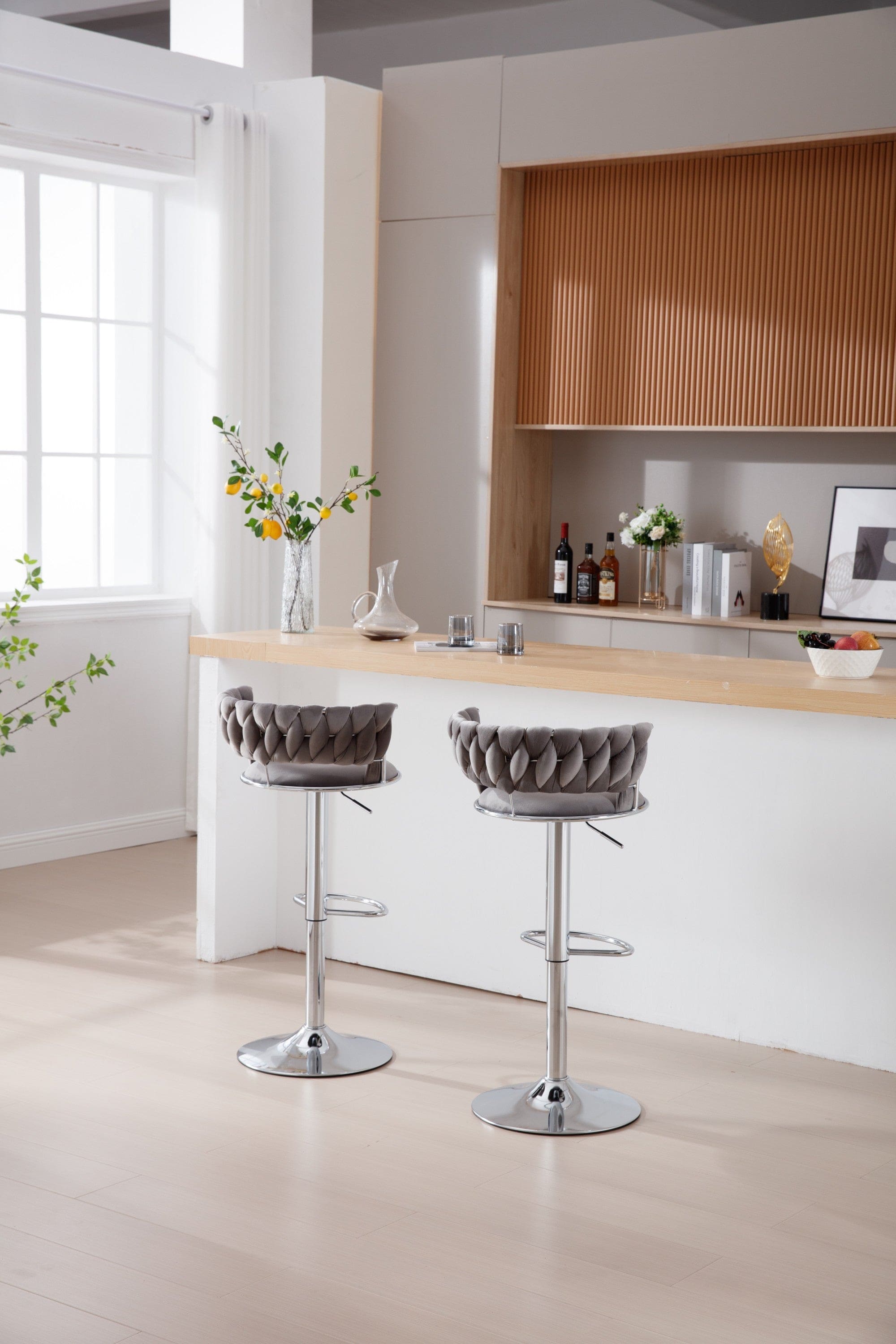 Set of 2  Bar Stools,with Chrome Footrest and Base Swivel Height Adjustable Mechanical Lifting Velvet +  Bar Stool-GREY