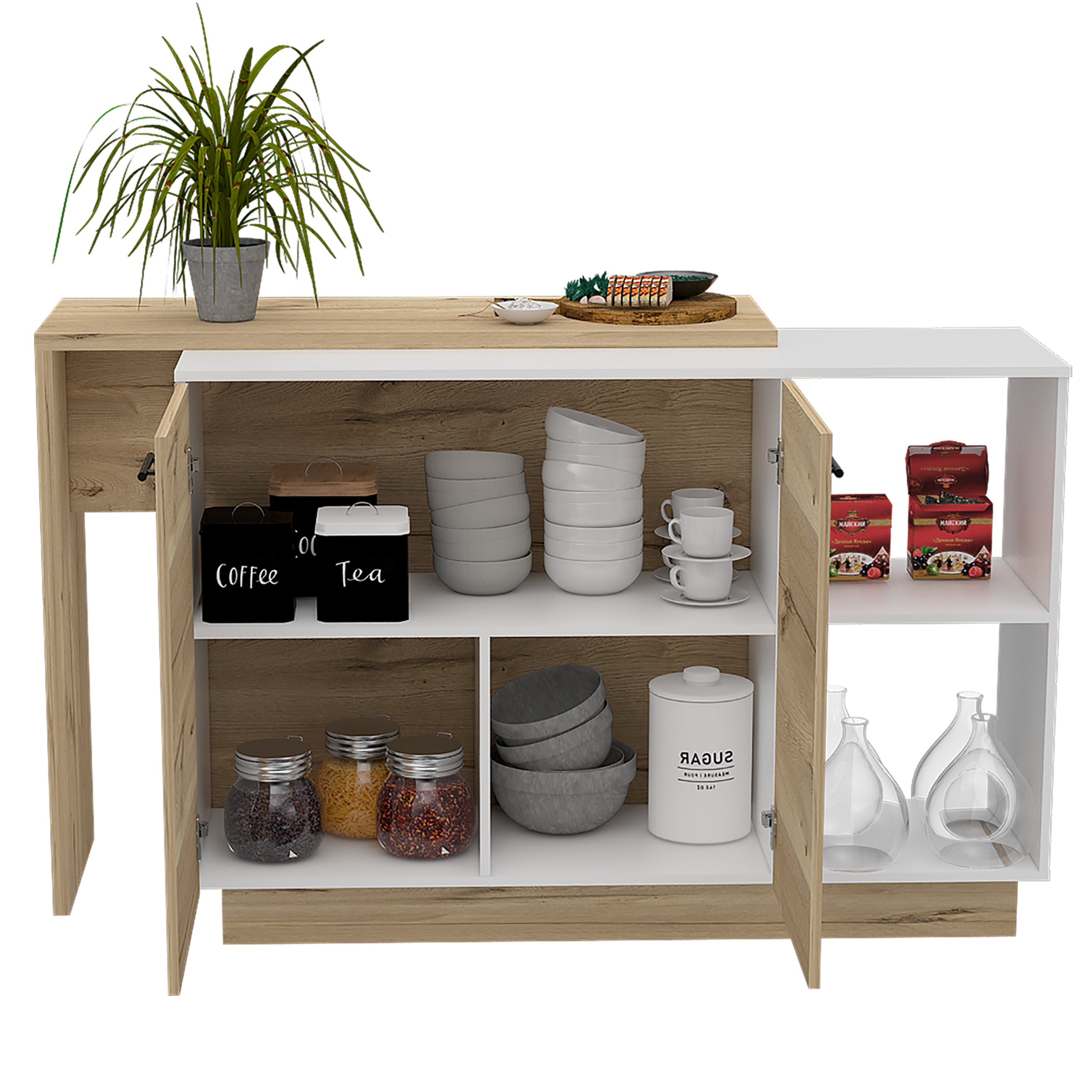 Sicilia Kitchen Island, Two  External Shelves, Double Door Cabinets, Three Shelves -White / Light Oak