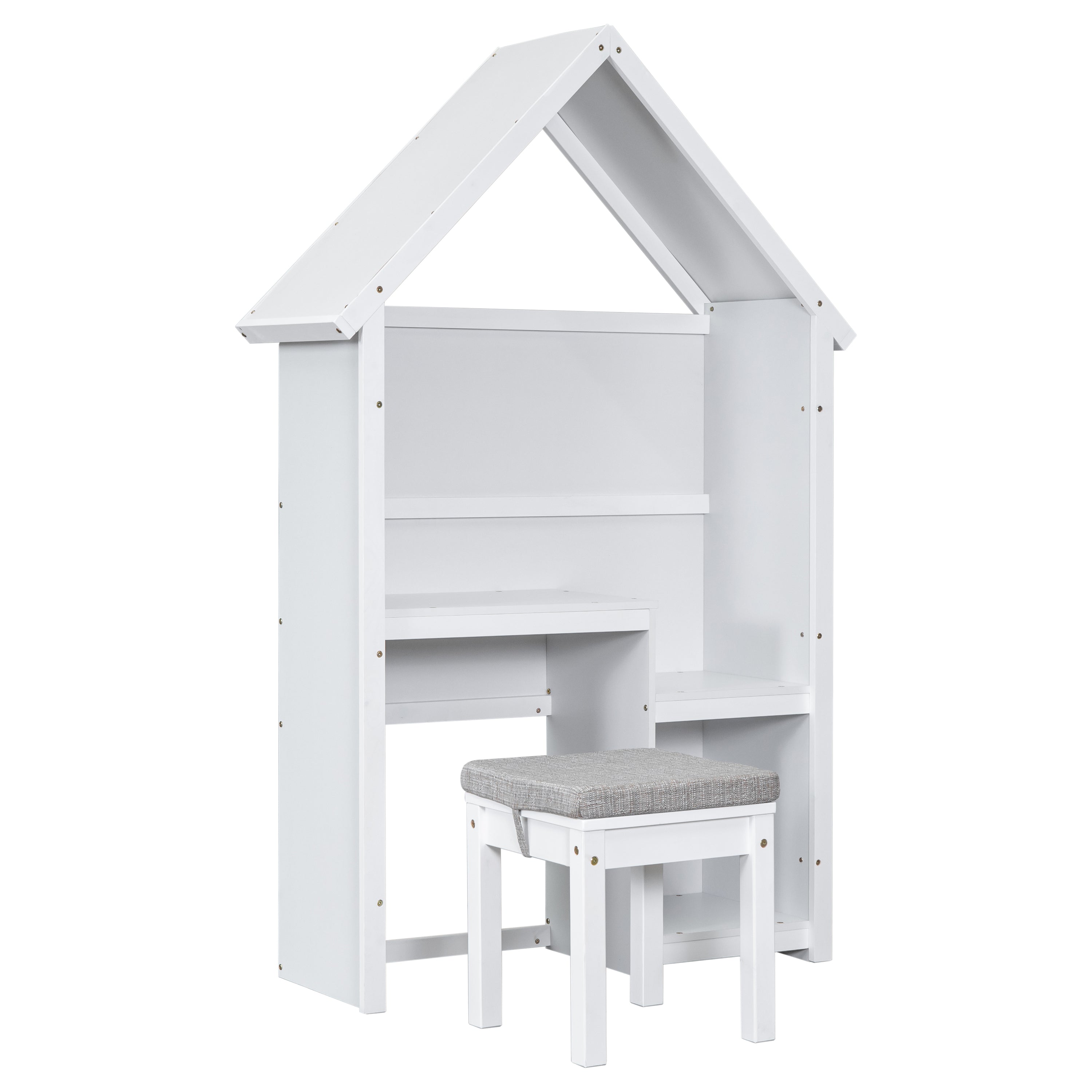 House-Shaped Desk with a cushion stool,White