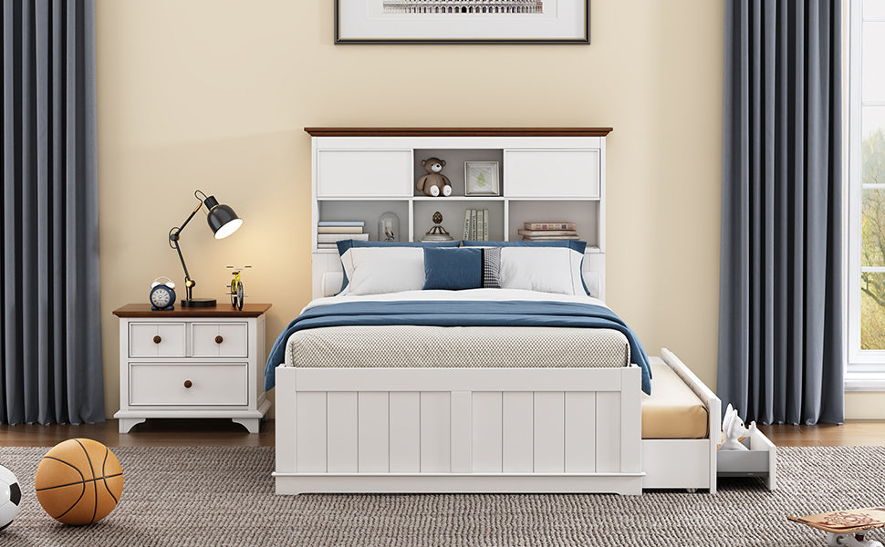 2 Pieces Wooden Captain Bedroom Set Full Bed with Trundle and Nightstand,White+Walnut