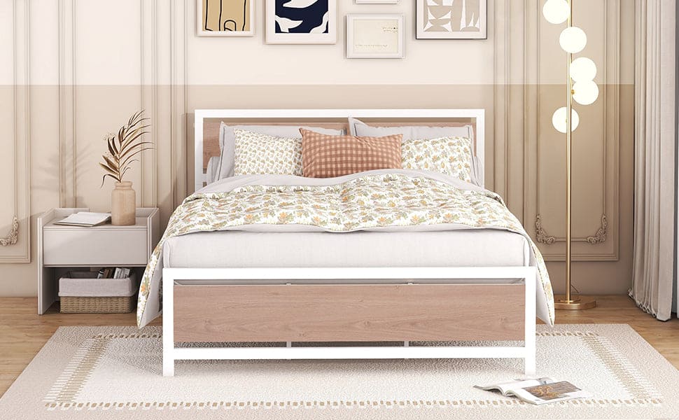 Queen Size Platform Bed, Metal and Wood Bed Frame with Headboard and Footboard , White