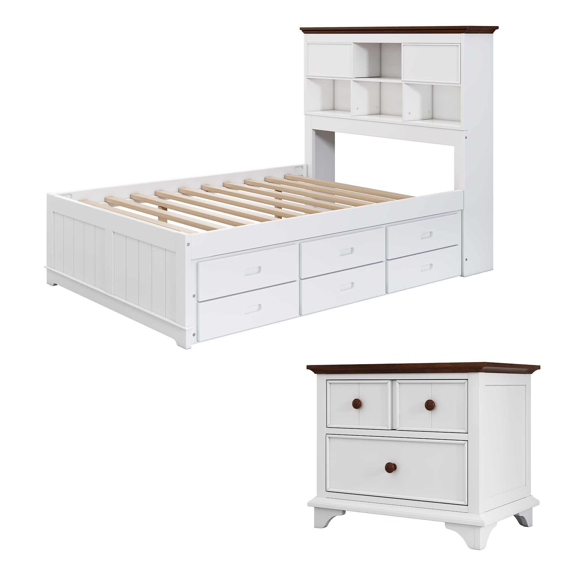 2 Pieces Wooden Captain Bedroom Set Full Bed with Trundle and Nightstand,White+Walnut