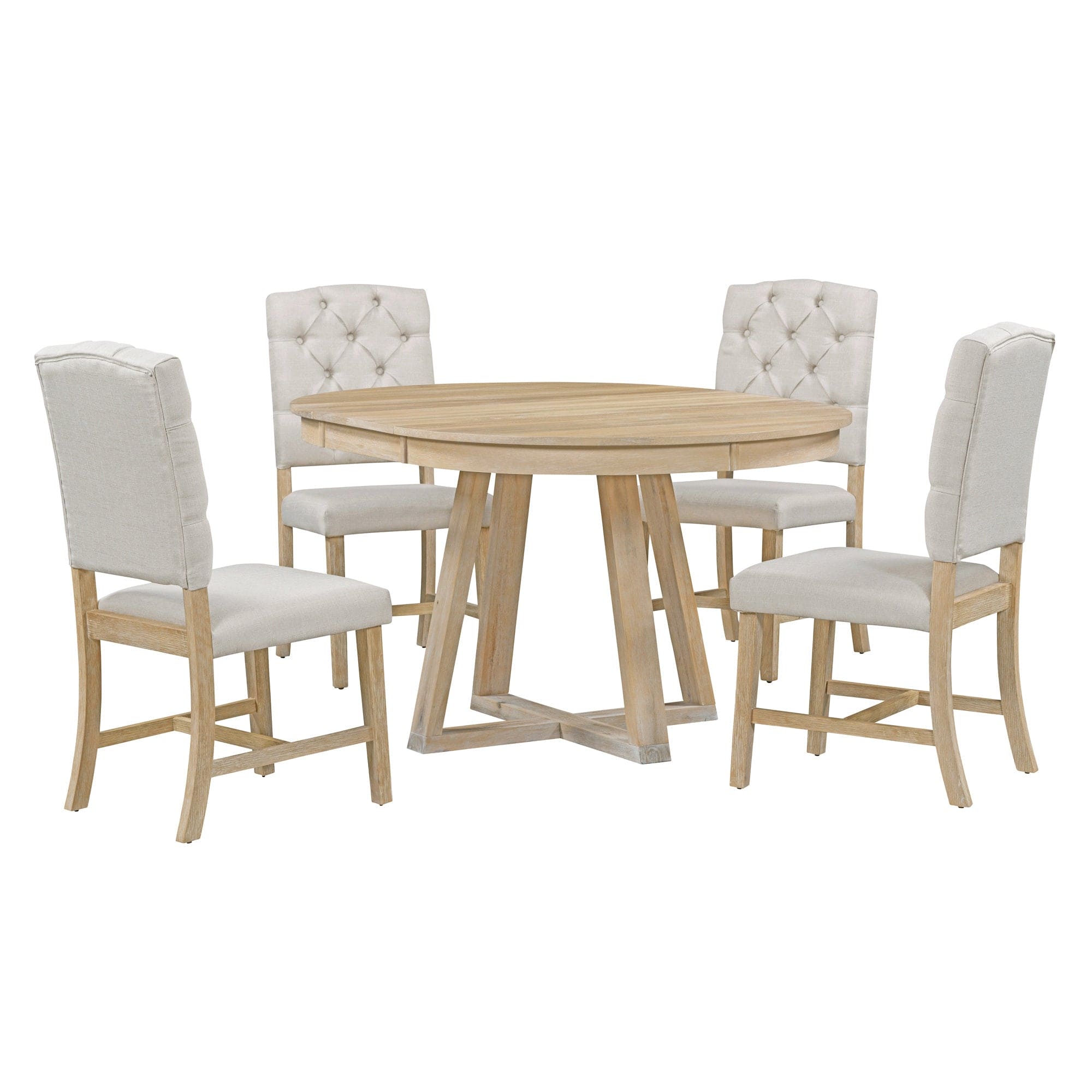 TREXM 5-Piece Retro Functional Dining Set, Round Table with a 16"W Leaf and 4 Upholstered Chairs for Dining Room and Living Room (Natural)