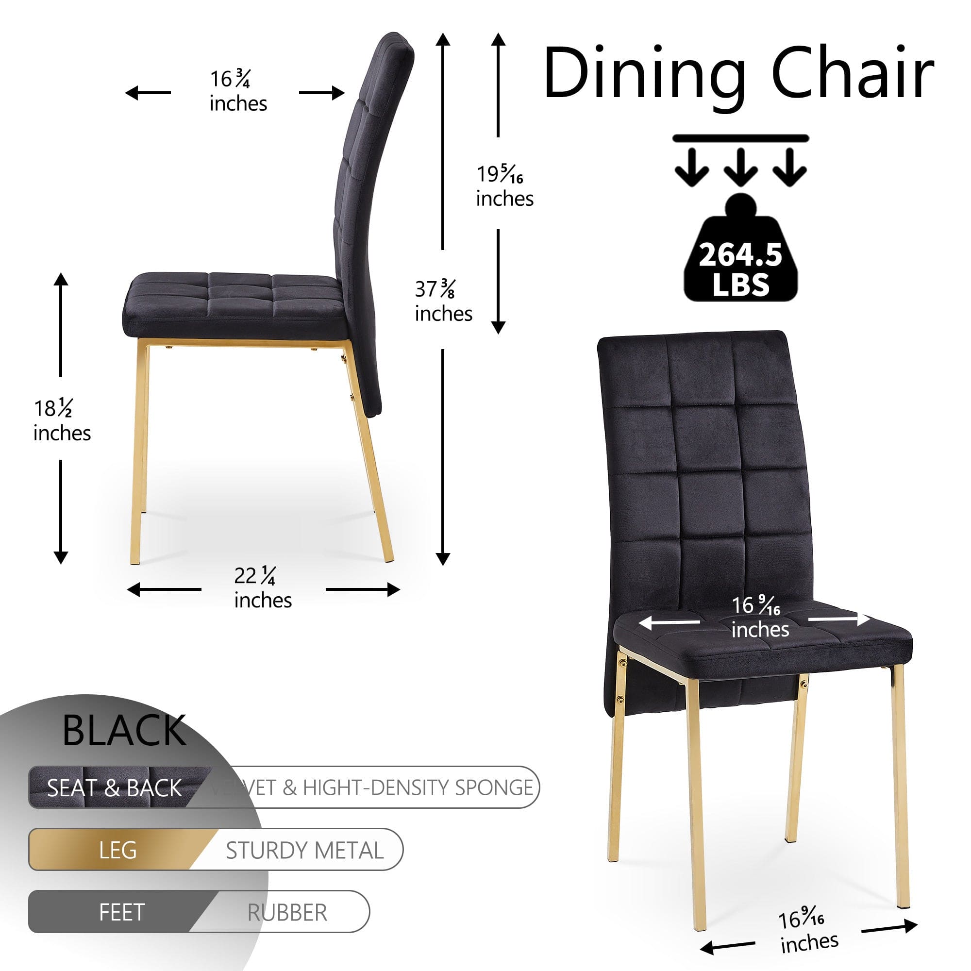 Black Velvet High Back Nordic Dining Chair Modern Fabric Chair with Golden Color Legs, Set Of 4