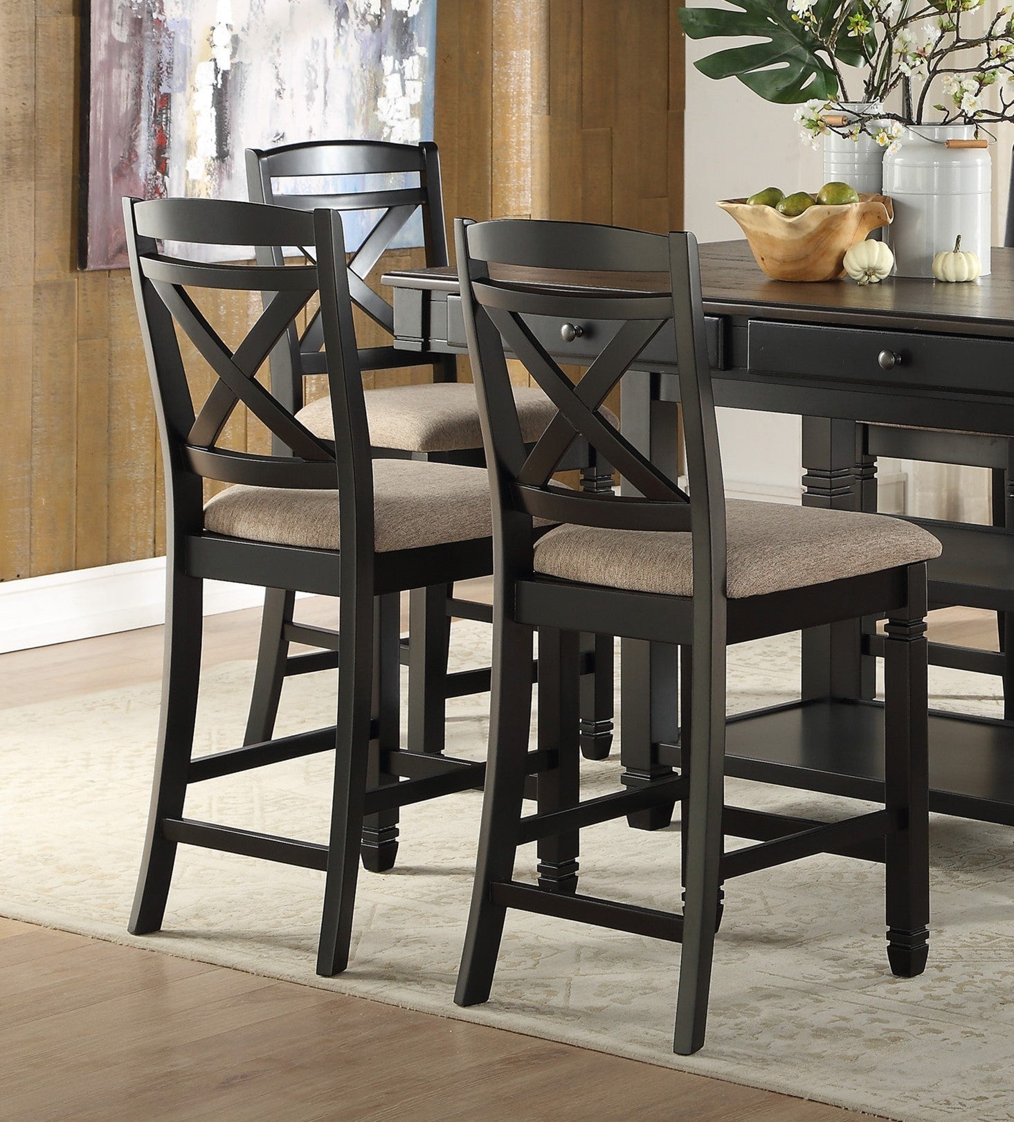 Transitional Style Dining Counter Height Chairs Set of 2pc Black Finish Wood Beige Fabric Seat Dining Room Furniture