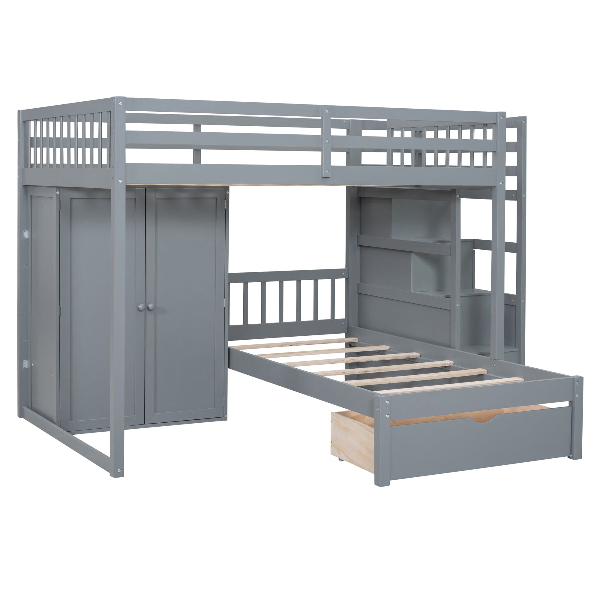 Full Over Twin Bunk Bed with Wardrobe, Drawers, Gray