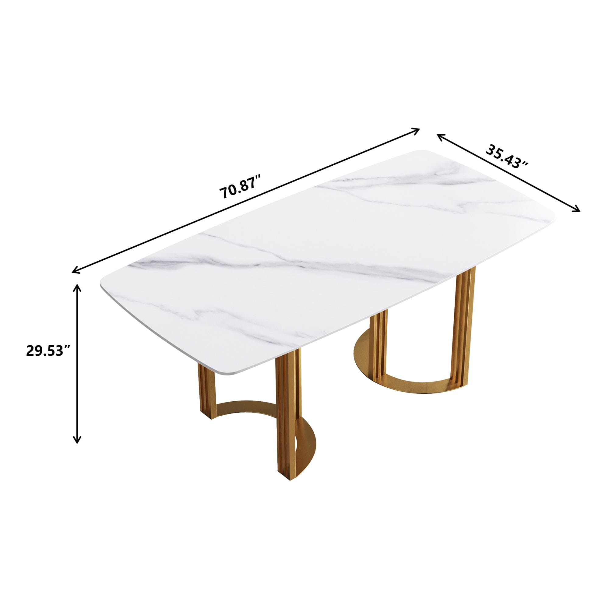 70.87"Modern artificial stone white curved golden metal leg dining table-can accommodate 6-8 people