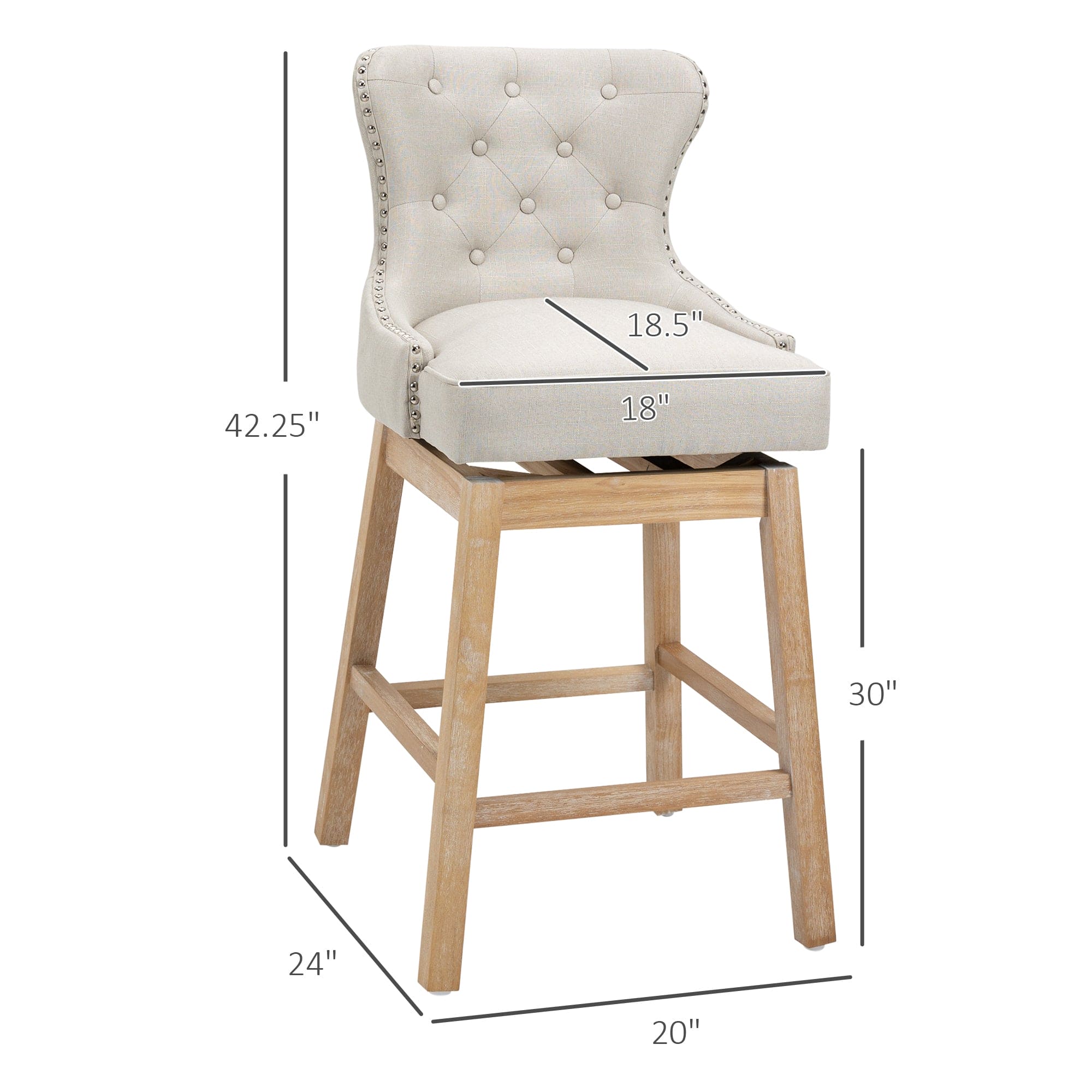 HOMCOM Upholstered Fabric Bar Height Bar Stools, 180° Swivel Nailhead-Trim Pub Chairs, 30" Seat Height with Rubber Wood Legs, Set of 2, Cream