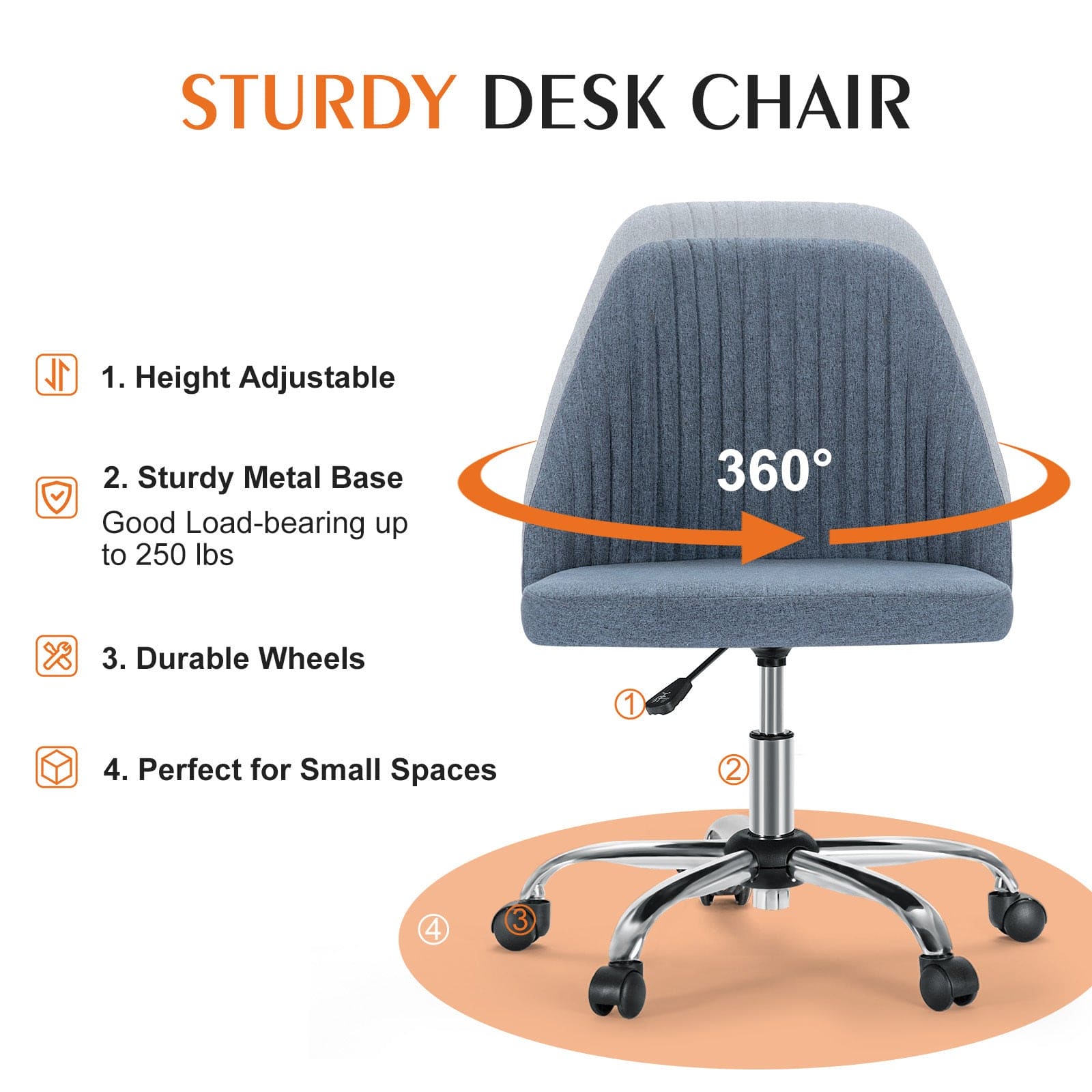 Sweetcrispy Armless Home Office  Desk Chair with Wheels Adjustable Swivel Task Computer Vanity Chair for Small Spaces