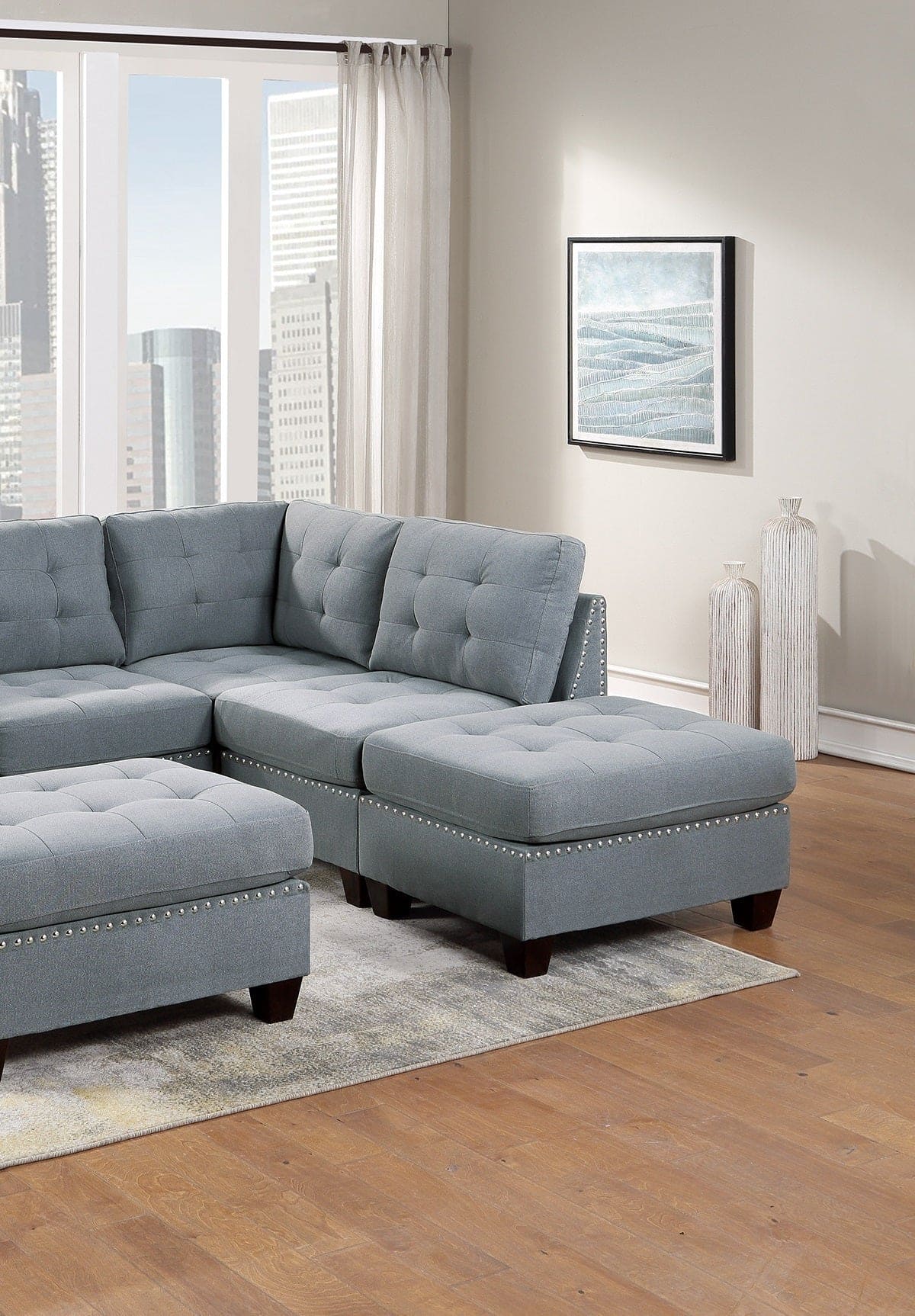 Modular Sectional 6pc Set Living Room Furniture L-Sectional Gray Linen Like Fabric Tufted Nail heads 2x Corner Wedge 2x Armless Chairs and 2x Ottomans