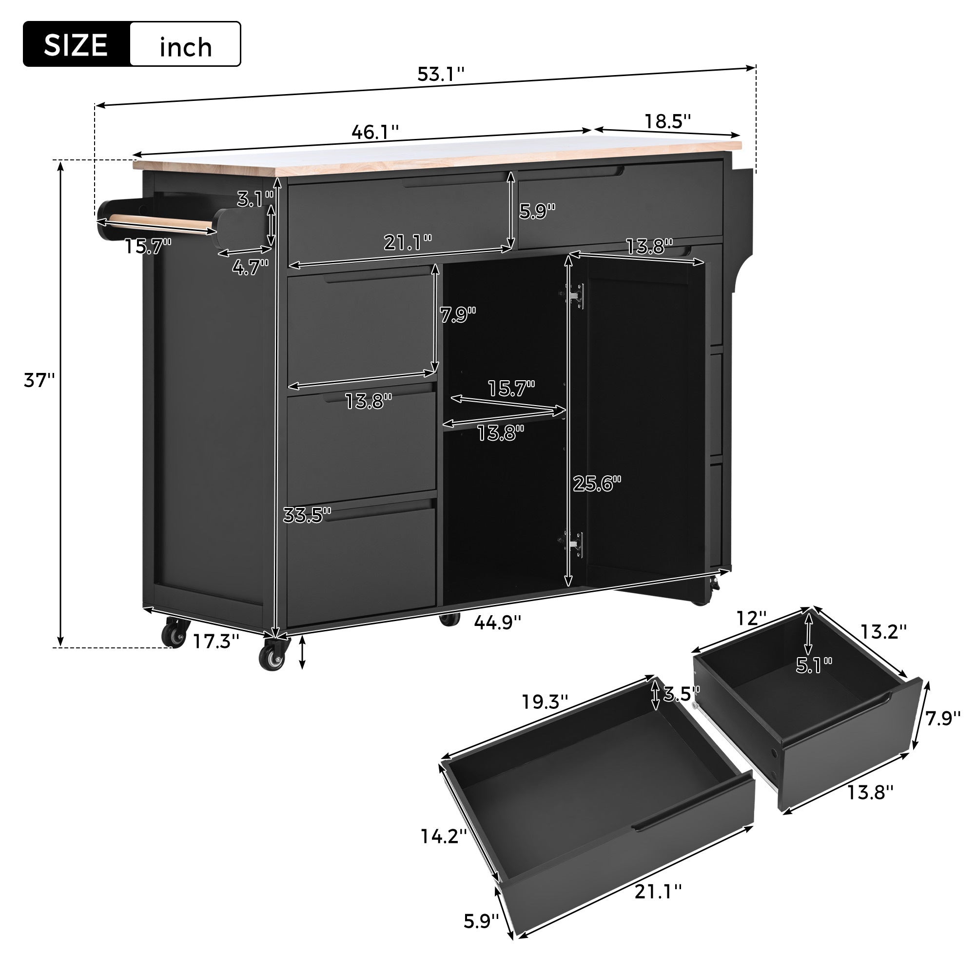 K&K Store Kitchen Cart with Rubber Wood Countertop , Kitchen Island has 8 Handle-Free Drawers Including a Flatware Organizer and 5 Wheels for Kitchen Dinning Room, Black