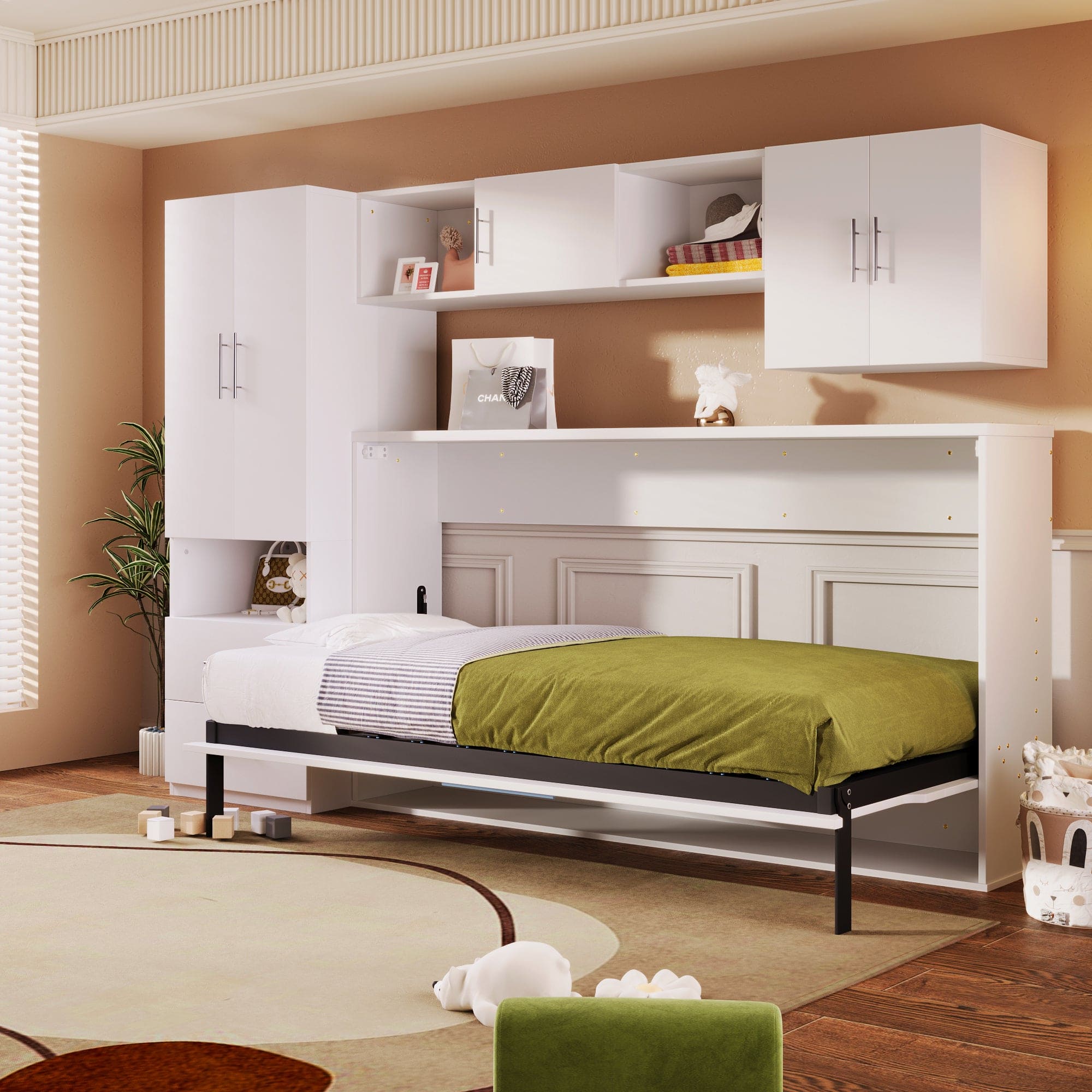 Twin Size Murphy Bed with Open Shelves and Storage Drawers,Built-in Wardrobe and Table, White