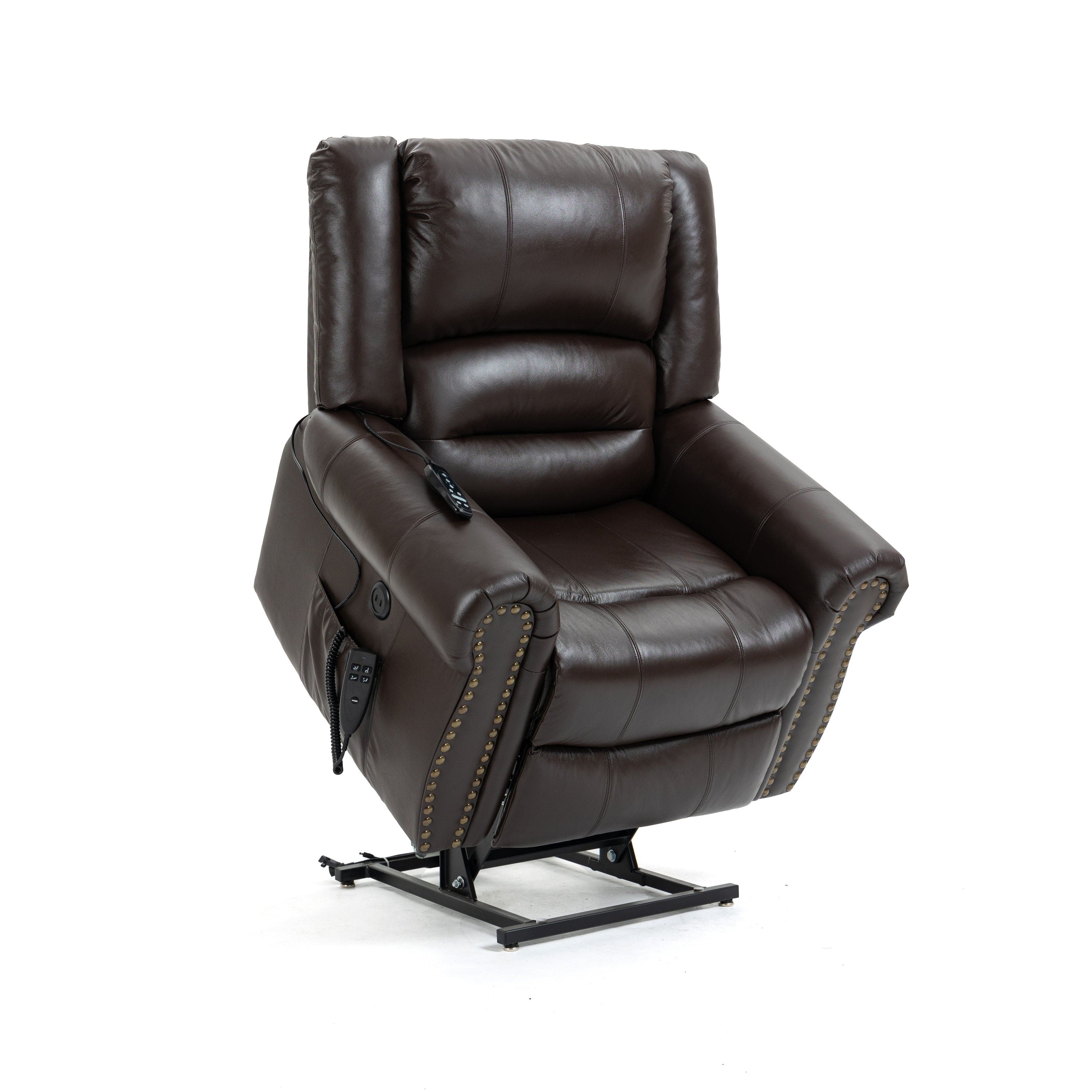 Power Lift Recliner Chair Heat Massage Dual Motor Infinite Position Up to 350 LBS, Genuine Leather, Heavy Duty Motion Mechanism with USB Ports, Brown