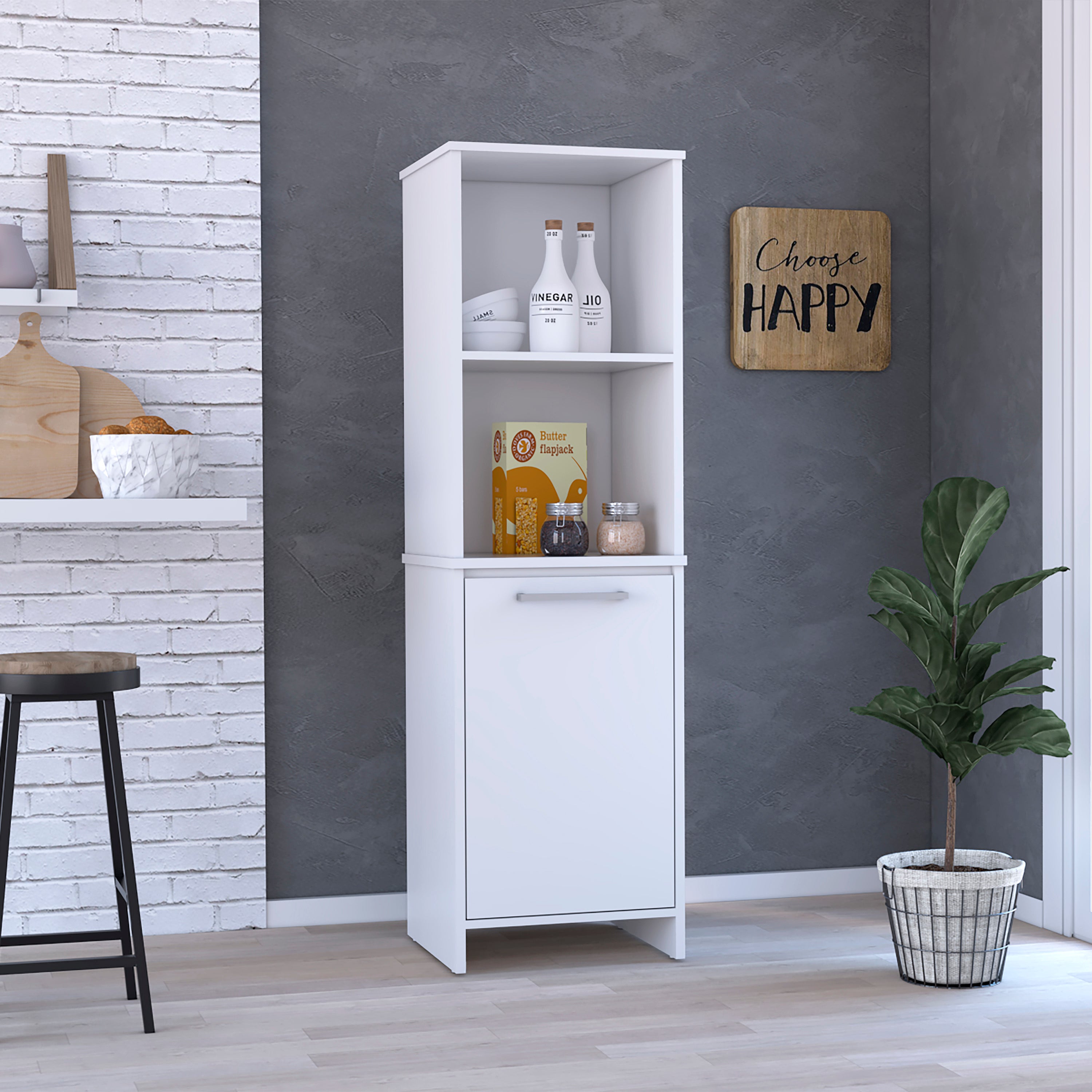 Kitchen Pantry Feery, Single Door Cabinet, Interior and External Shelves, White Finish