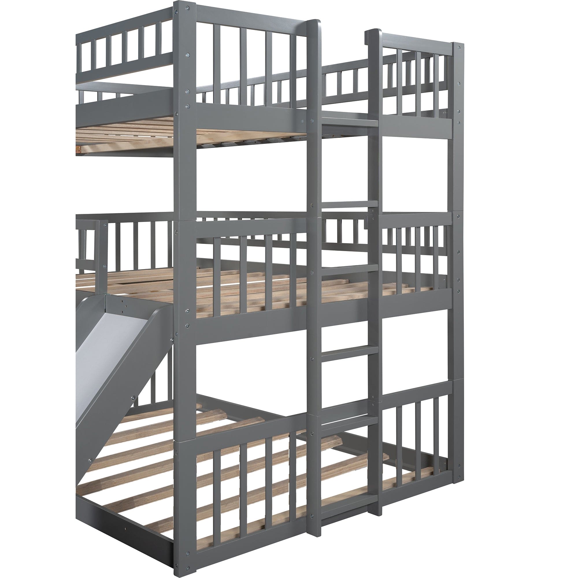 Full-Over-Full-Over-Full Triple Bed with Built-in Ladder and Slide , Triple Bunk Bed with Guardrails, Gray(OLD SKU :LP000052AAE)