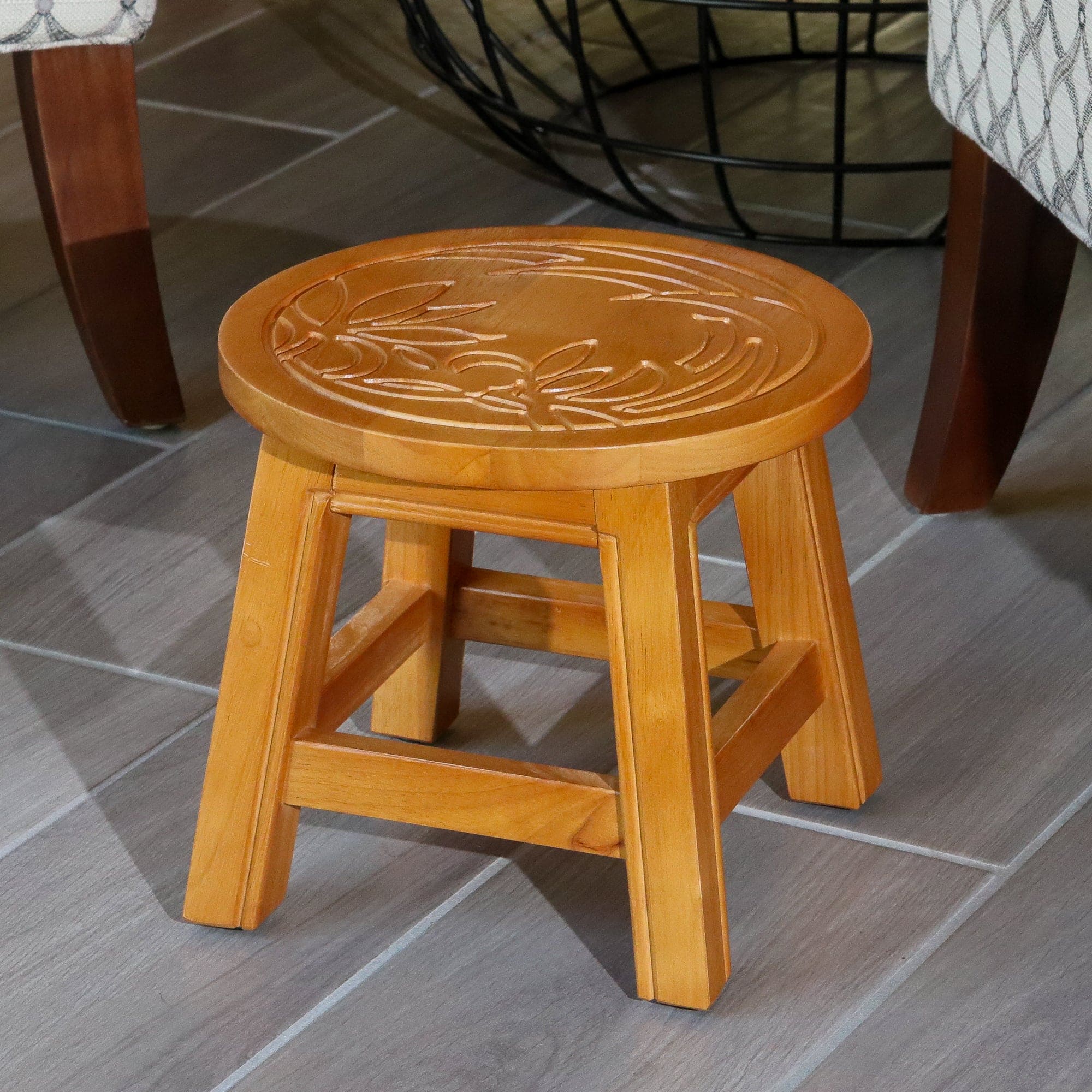 Carved Wooden Step Stool, Floral, Natural