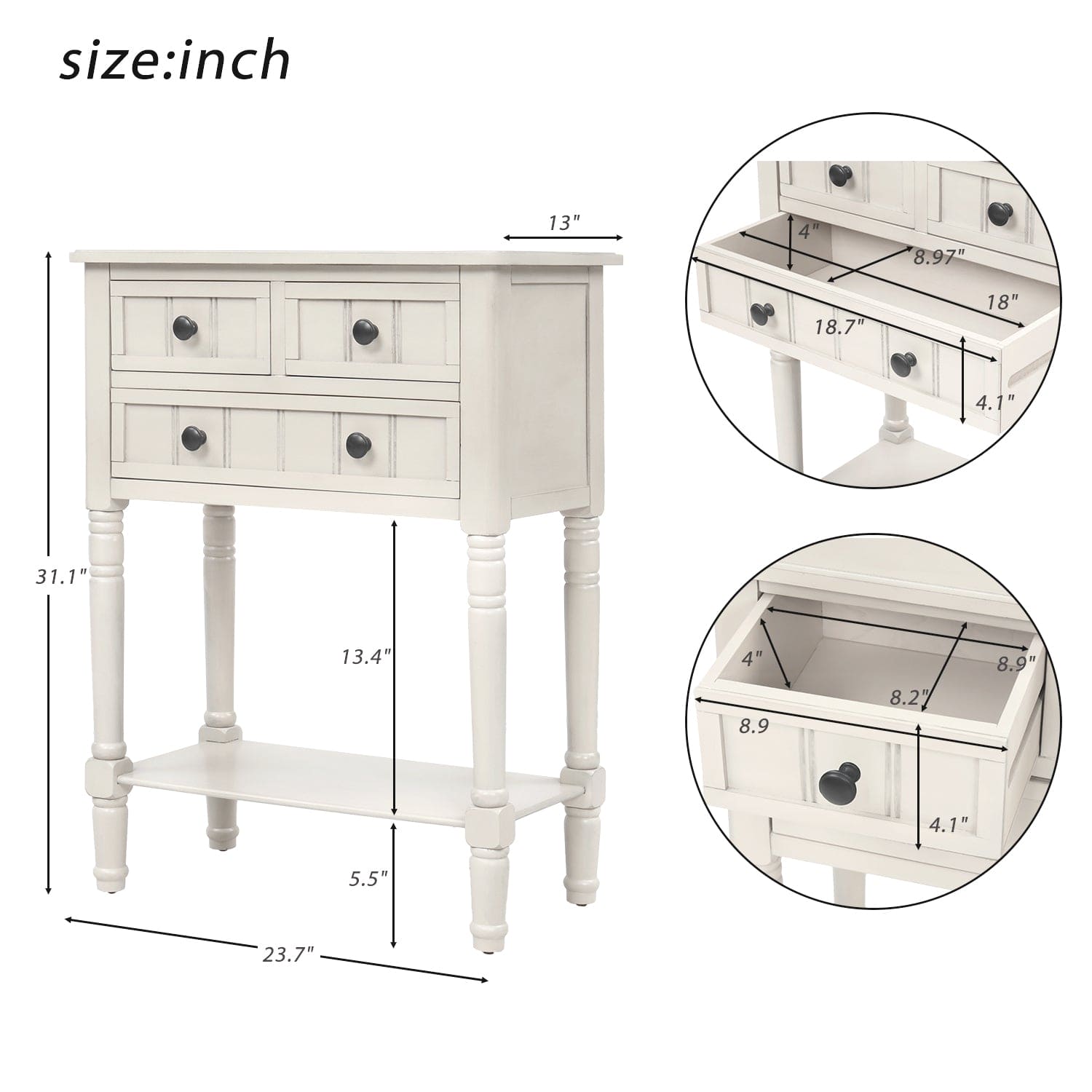 TREXM Narrow Console Table, Slim Sofa Table with Three Storage Drawers and Bottom Shelf (Ivory White)