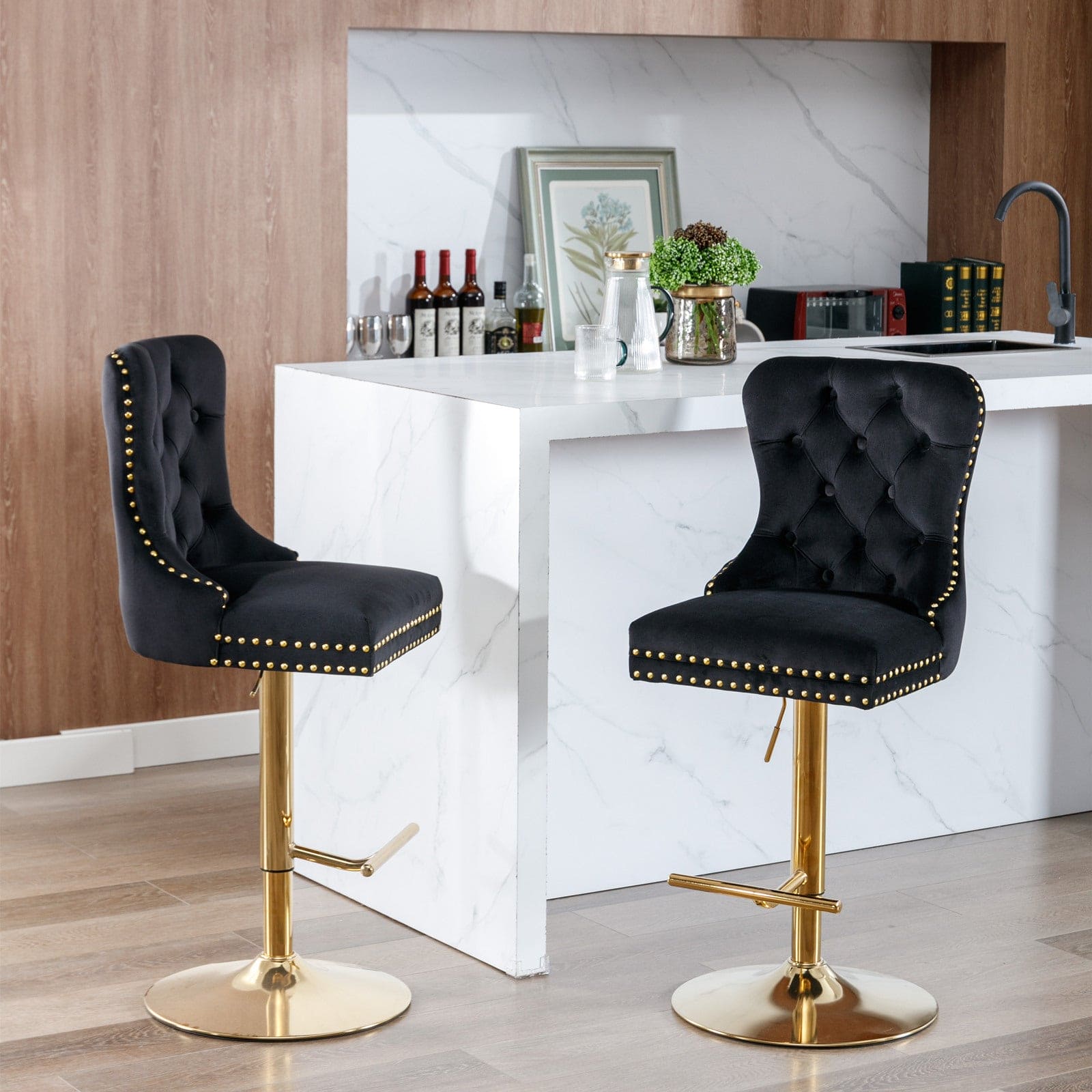 A&A Furniture,Thick Golden Swivel Velvet Barstools Adjusatble Seat Height from 27-35 Inch, Modern Upholstered Bar Stools with Backs Comfortable Tufted for Home Pub and Kitchen Island (Black,Set of 2)