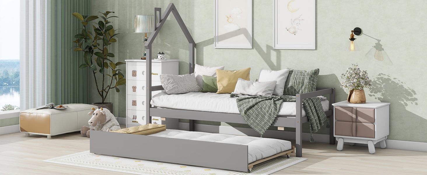 Twin Wooden Daybed with trundle, Twin House-Shaped Headboard  bed with Guardrails,Grey