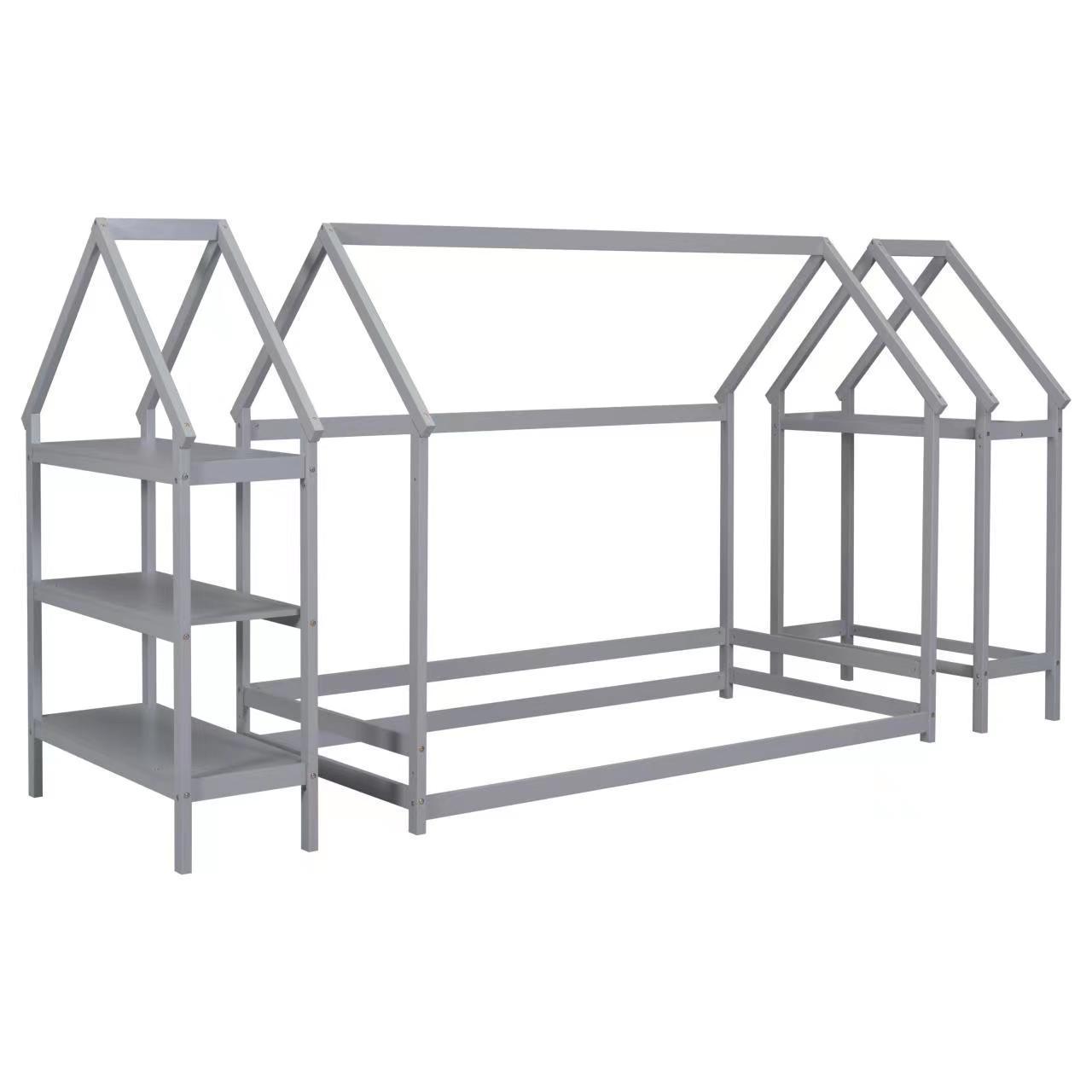 Twin House-Shaped Floor Bed with 2 Detachable Stands,Grey