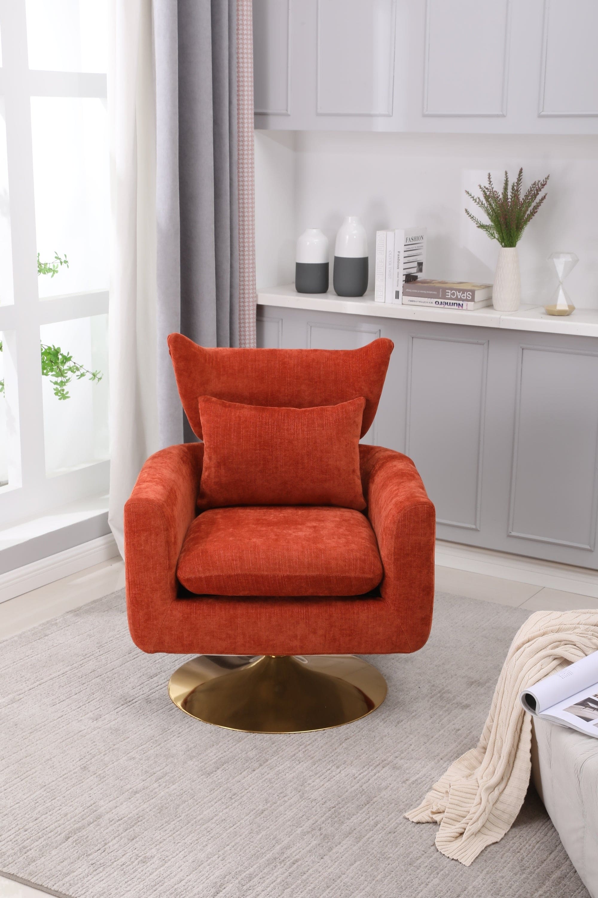 Classic Mid-Century 360-degree Swivel  Accent Chair, Orange Linen