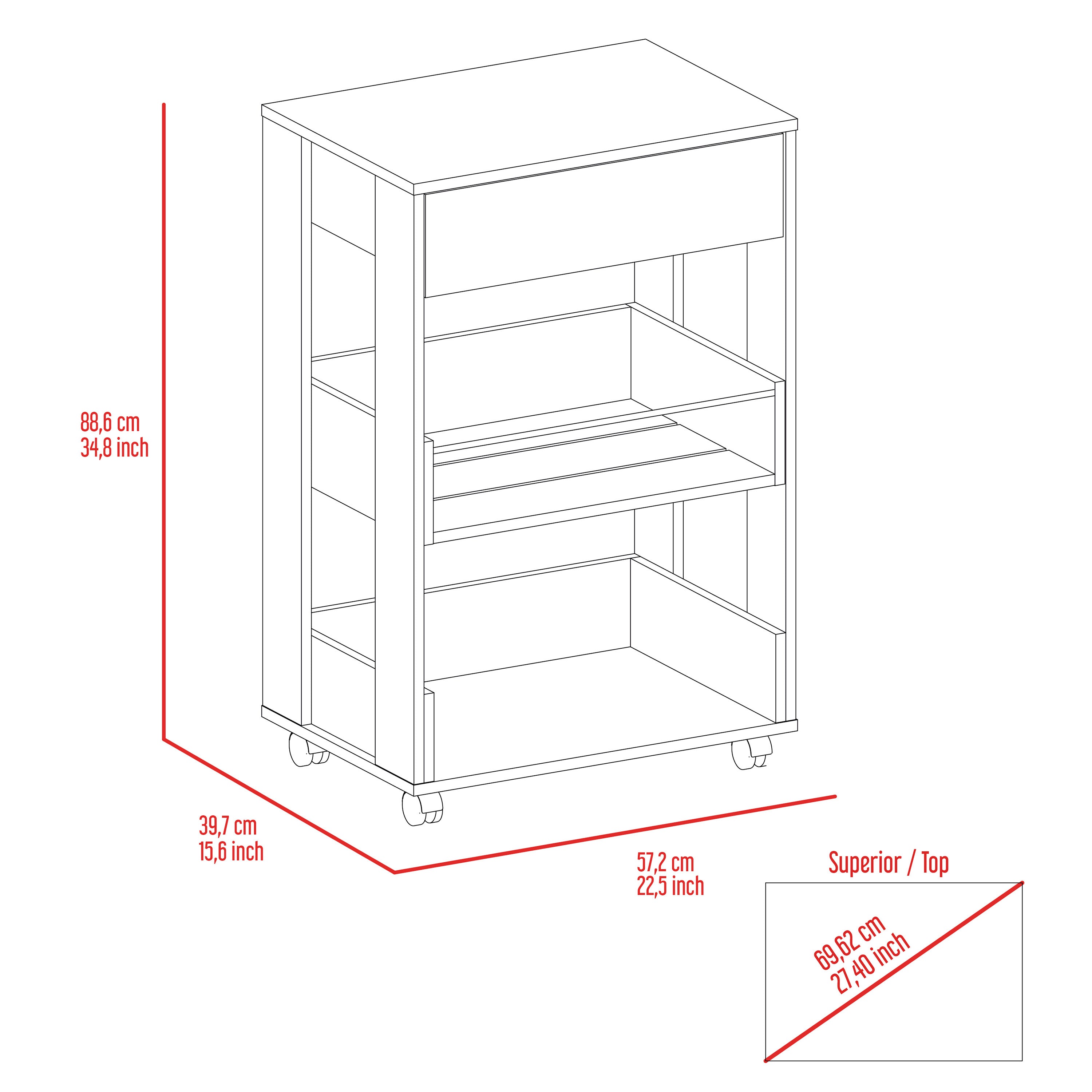 Verona Kitchen Cart, Three Shelves, Four Casters -White / Dark Walnut