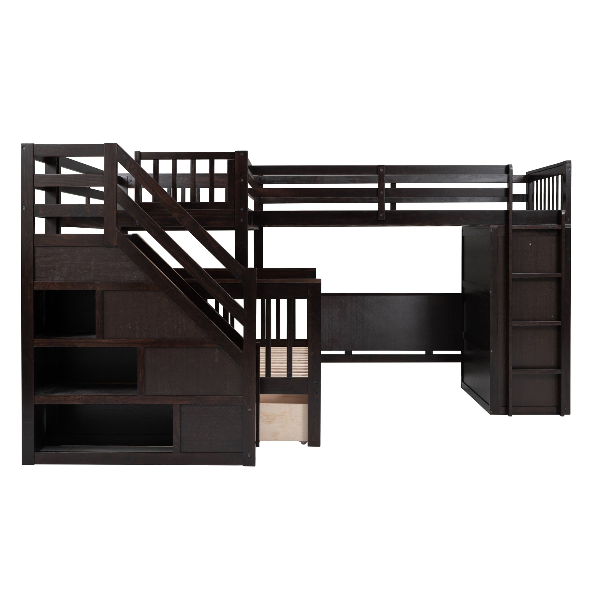 Twin-Twin over Full L-Shaped Bunk Bed With 3 Drawers, Portable Desk and Wardrobe, Espresso