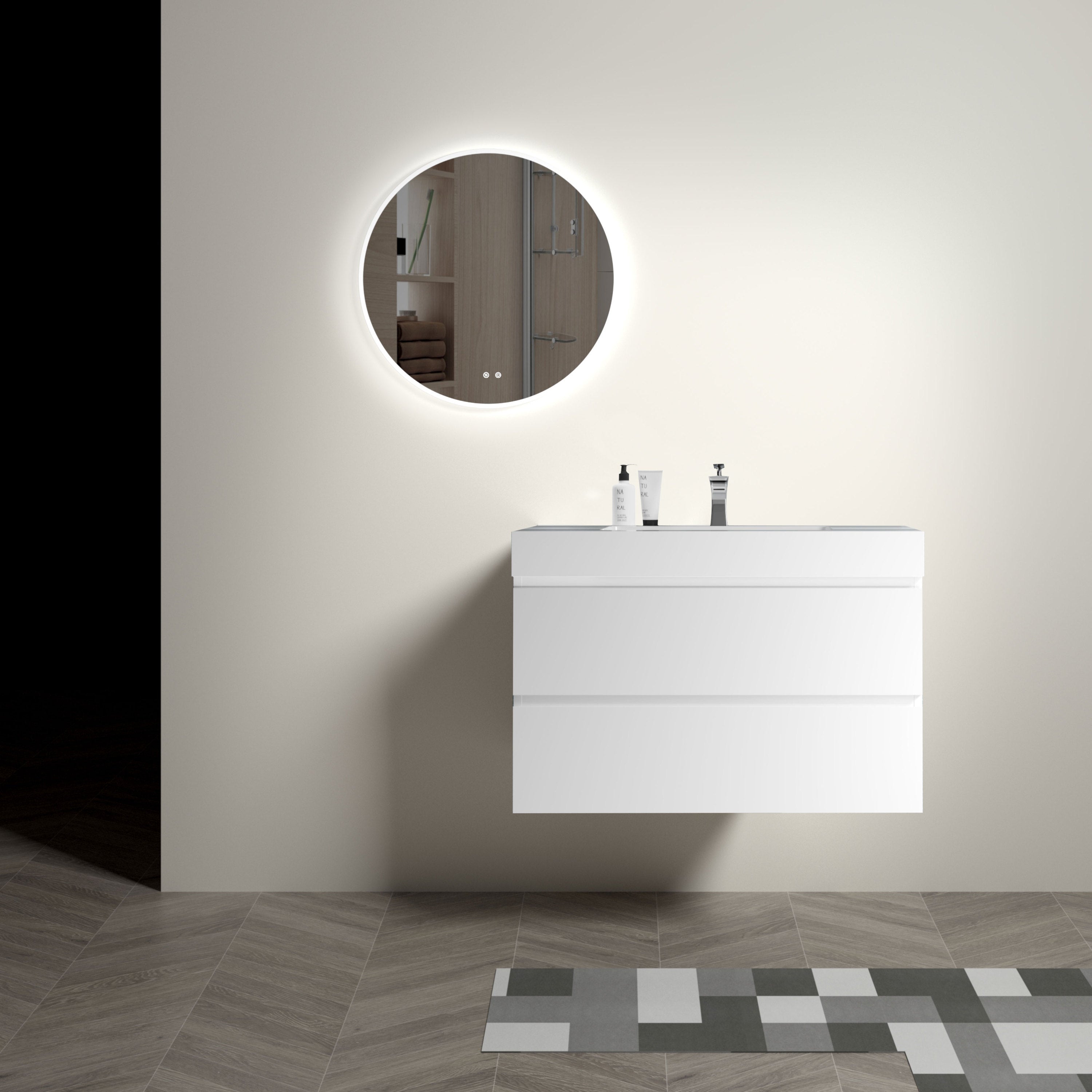 Alice 36" White Bathroom Vanity with Sink, Large Storage Wall Mounted Floating Bathroom Vanity for Modern Bathroom, One-Piece White Sink Basin without Drain and Faucet