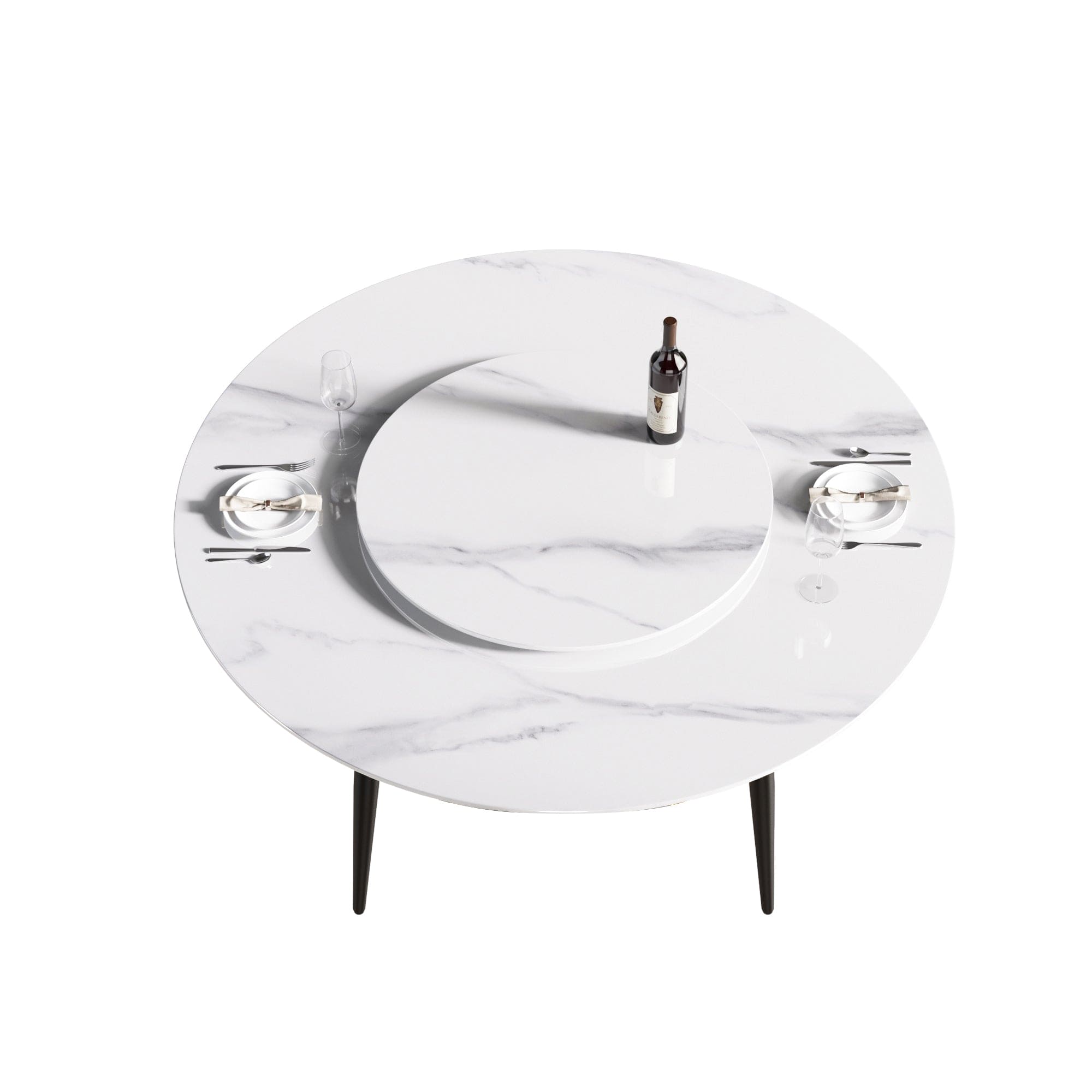 59.05"Modern artificial stone round black metal dining table-can accommodate 6 people-31.5"white artificial stone turntable