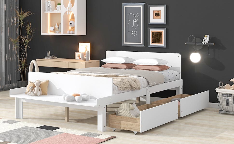 Full Bed with Footboard Bench,2 drawers,White