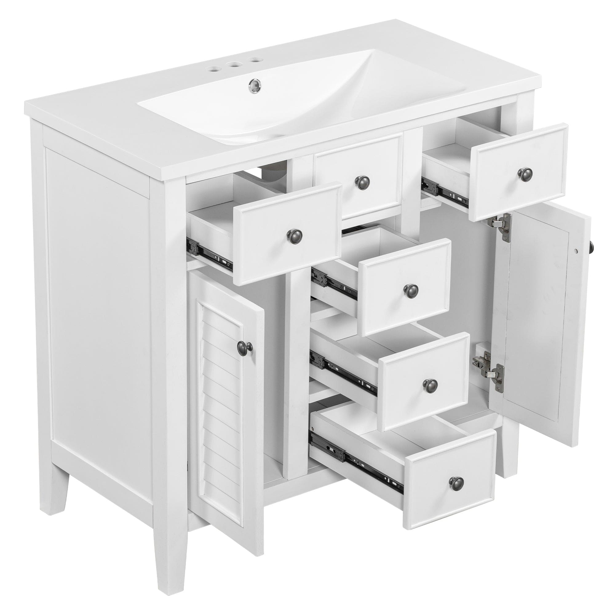 36" Bathroom Vanity with Ceramic Basin, Two Cabinets and Five Drawers, Solid Wood Frame, White (OLD SKU: SY999202AAK)