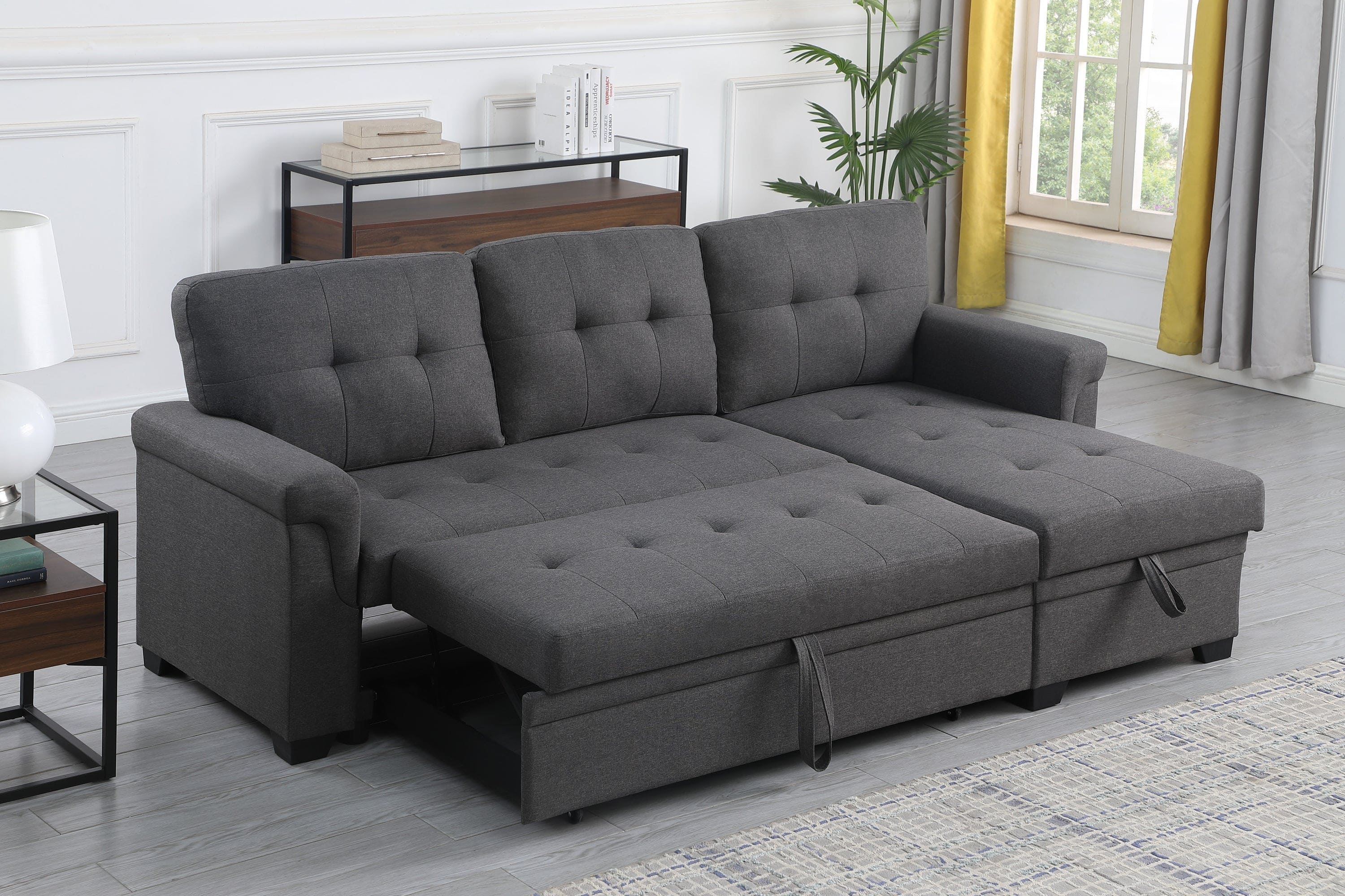 Lucca Dark Gray Linen Reversible Sleeper Sectional Sofa with Storage Chaise