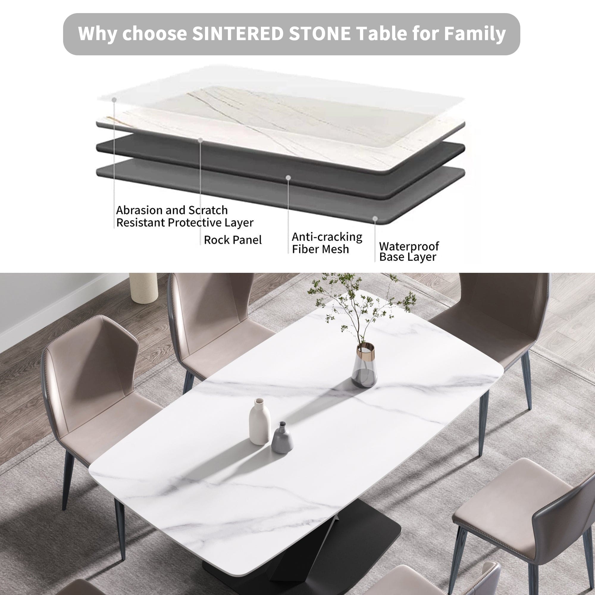 63"Modern artificial stone white curved black metal leg dining table -6 people