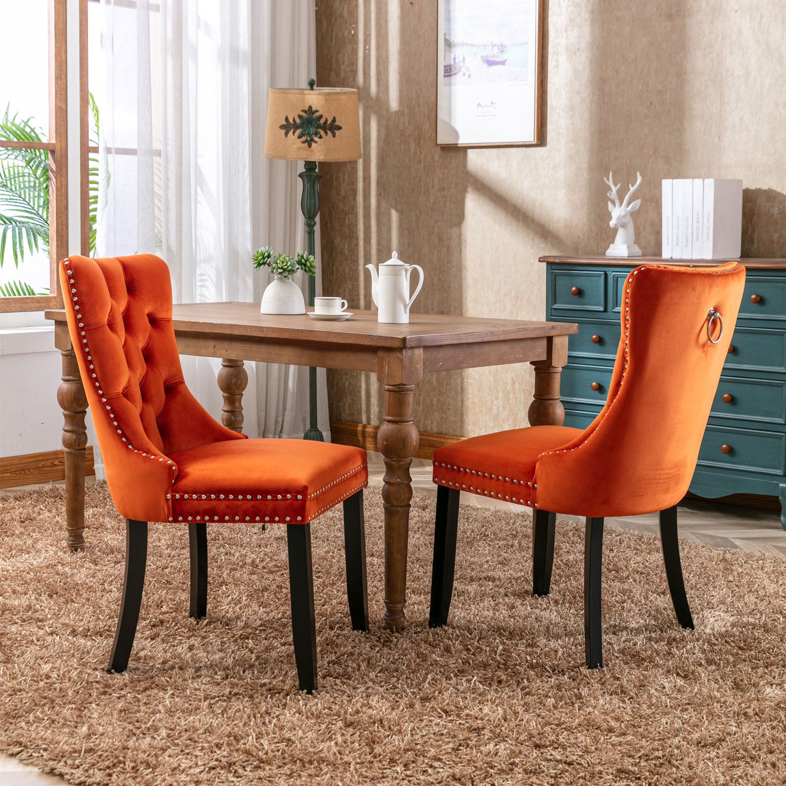 Nikki Collection Modern, High-end Tufted Solid Wood Contemporary Velvet Upholstered Dining Chair with Wood Legs Nailhead Trim 2-Pcs Set, Orange, SW2001OG