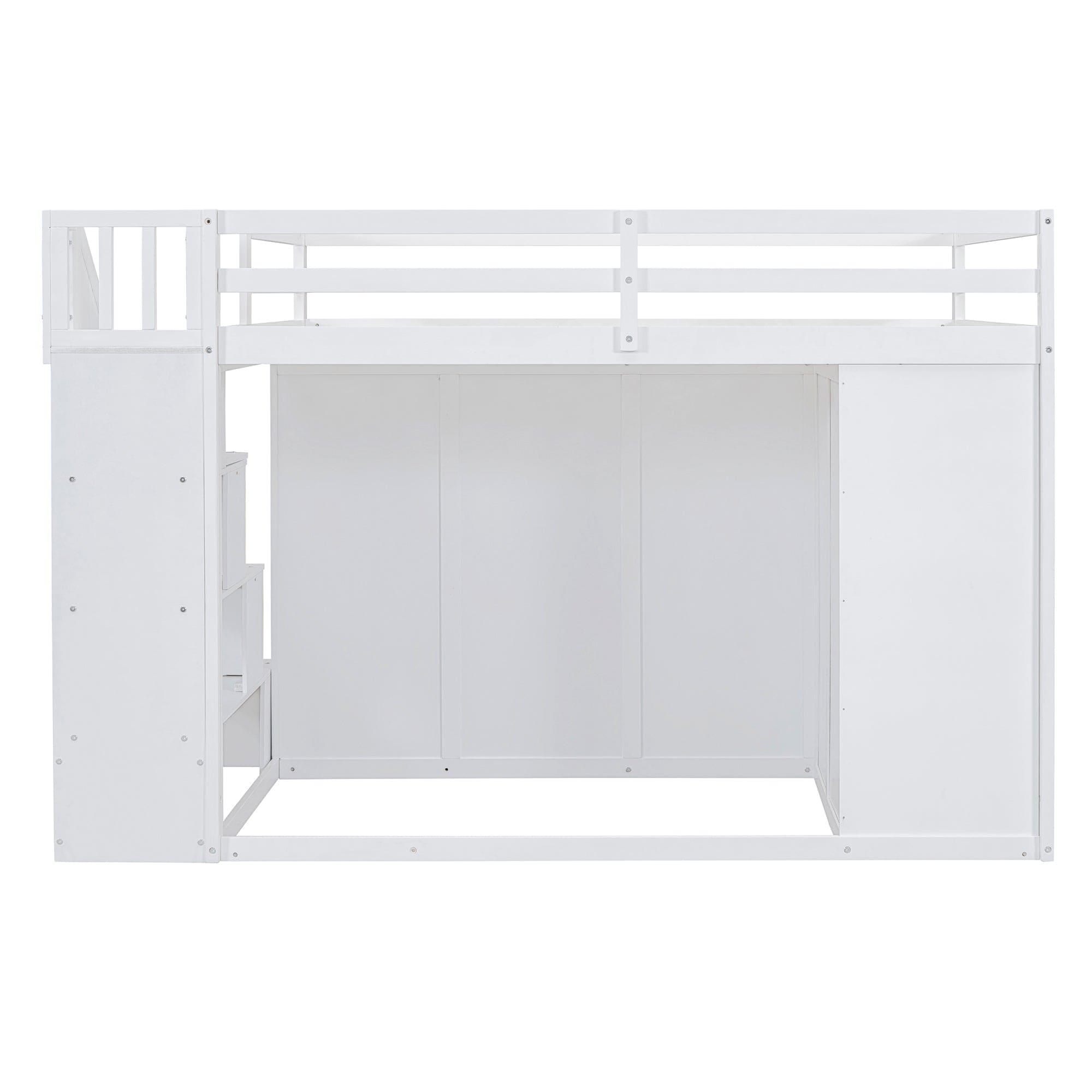 Full Size Wood Loft Bed With Built-in Wardrobes, Cabinets and Drawers, White