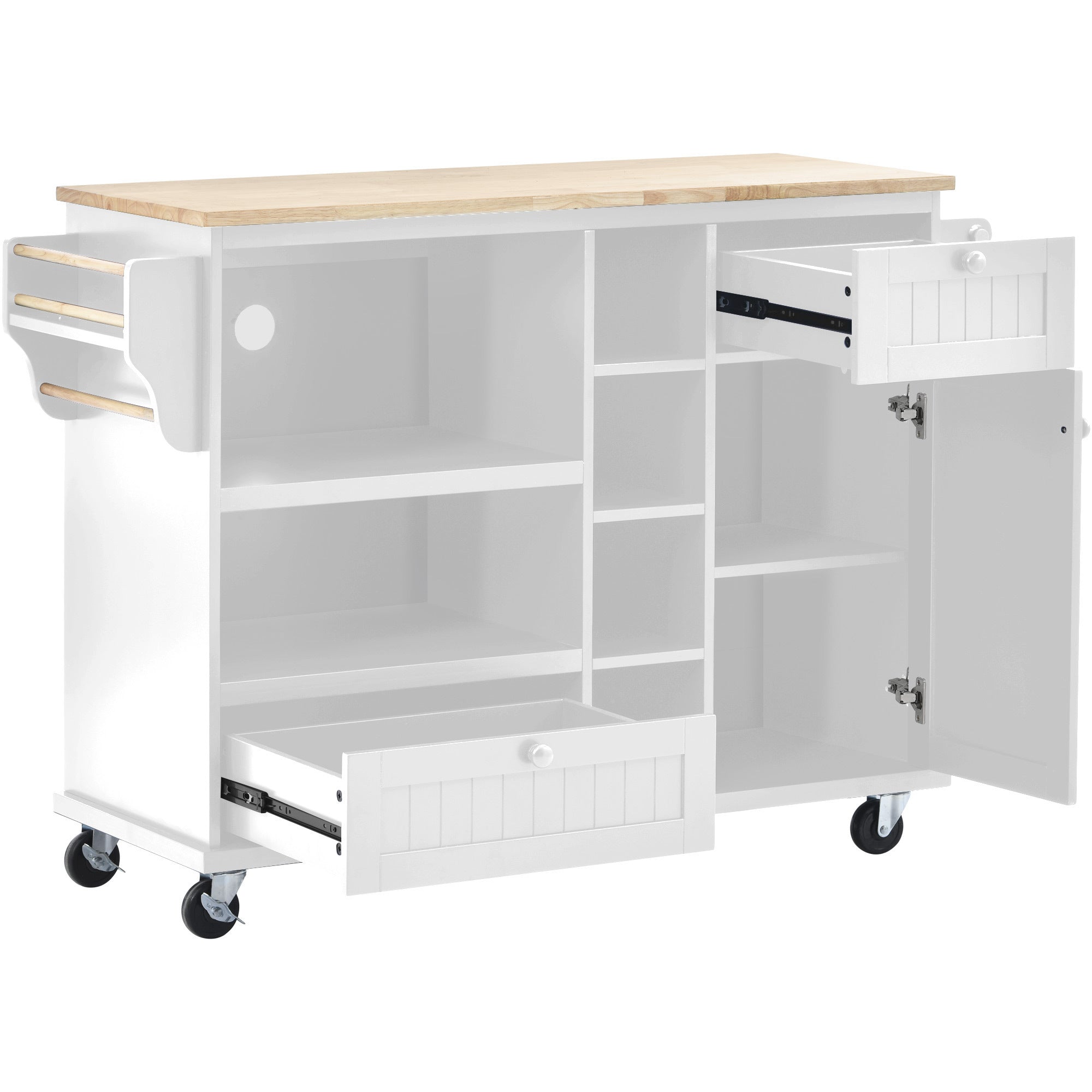 Kitchen Island Cart with Storage Cabinet and Two Locking Wheels,Solid wood desktop,Microwave cabinet,Floor Standing Buffet Server Sideboard for Kitchen Room,Dining Room,, Bathroom(White)