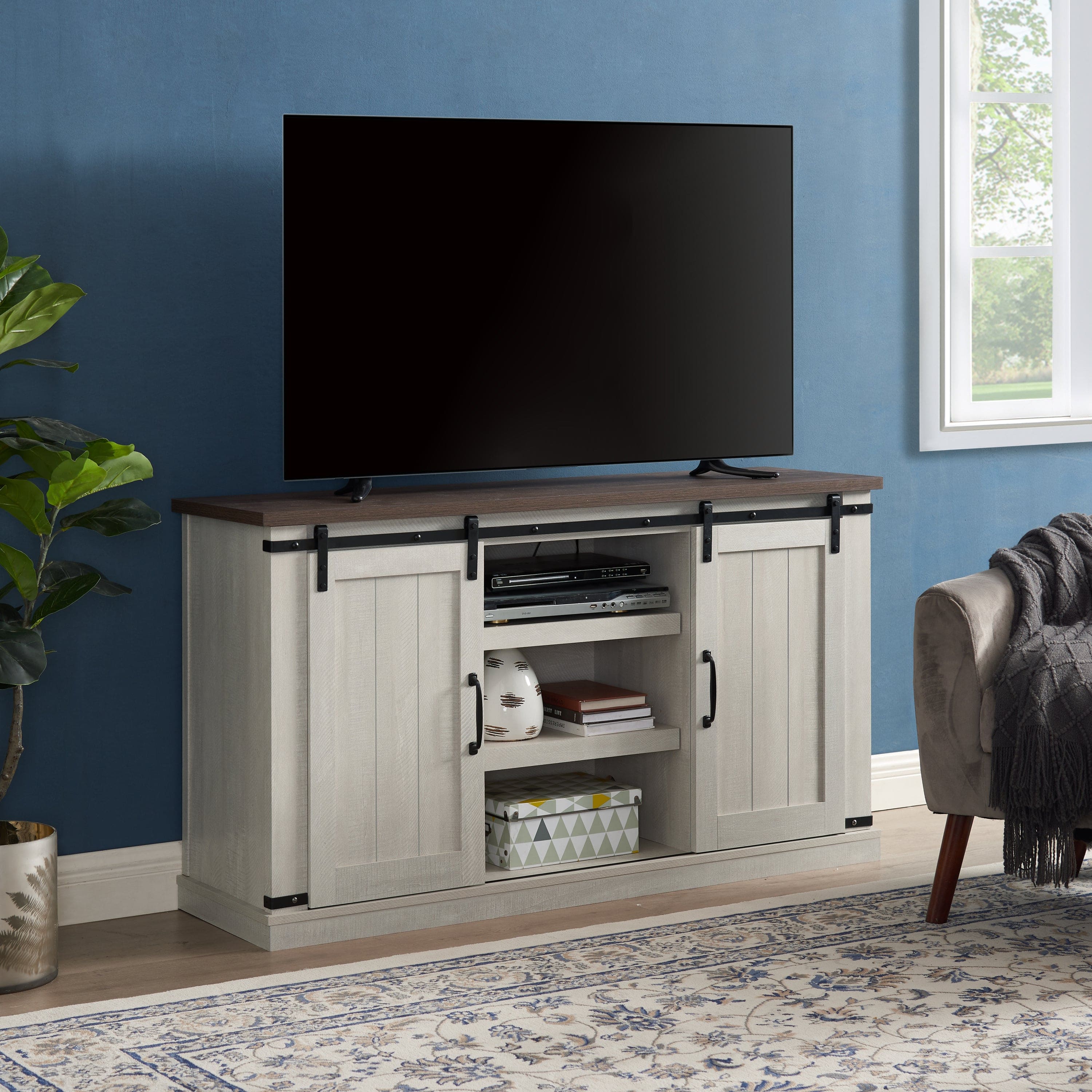 Classic Farmhouse Media TV Stand Transitional Entertainment Console for TV Up to 60" with Sliding Doors and Open Storage Space, Light Gray, 54.5"W*15.75"D*30.5"H