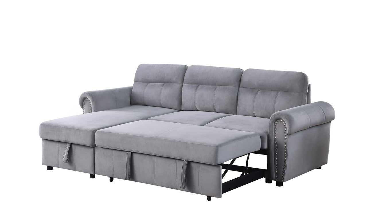 Ashton Gray Velvet Fabric Reversible Sleeper Sectional Sofa Chaise