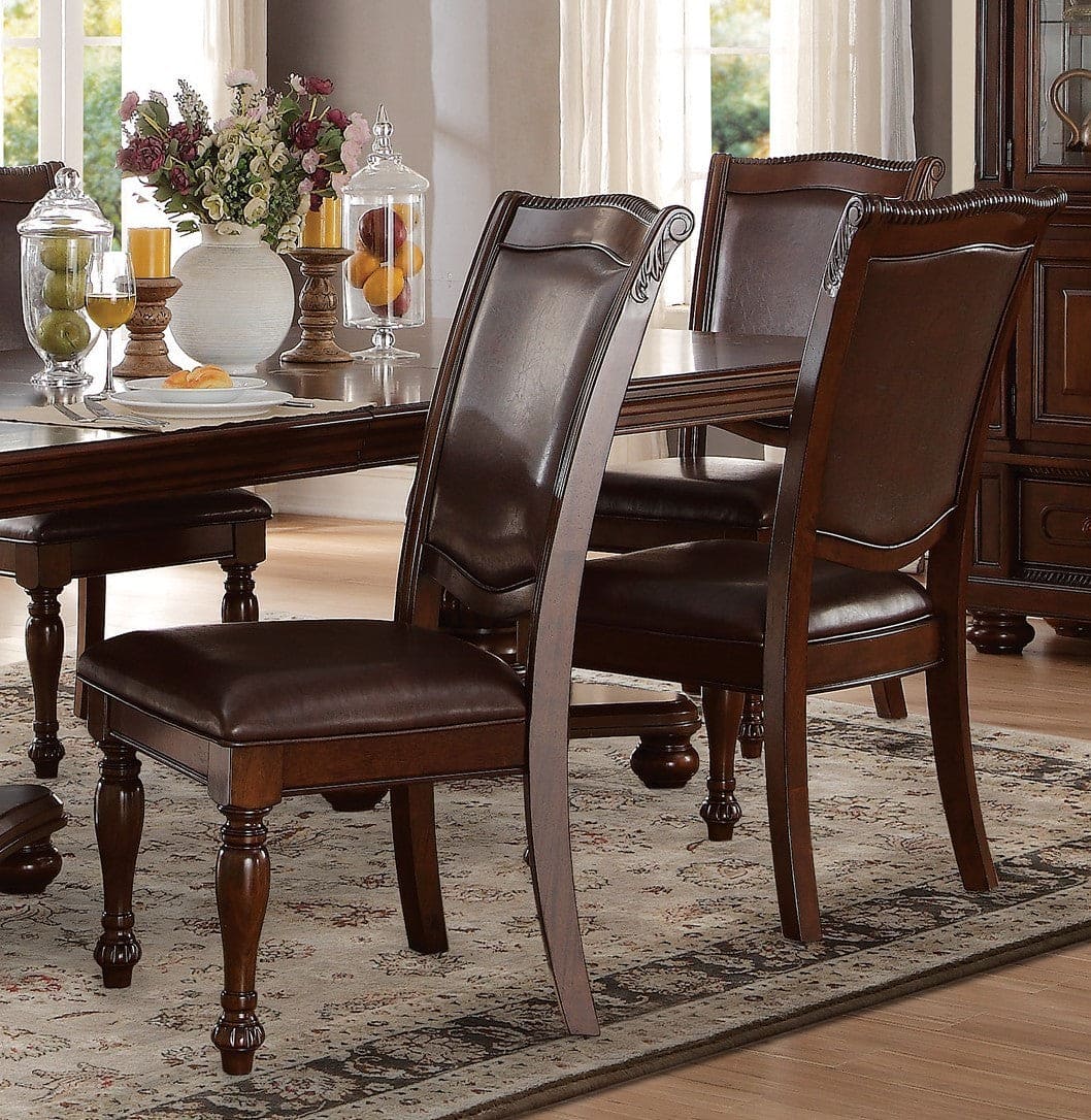 Traditional Dining Wooden Side Chairs Set of 2 Brown Cherry Finish Faux Leather Upholstery Home Furniture