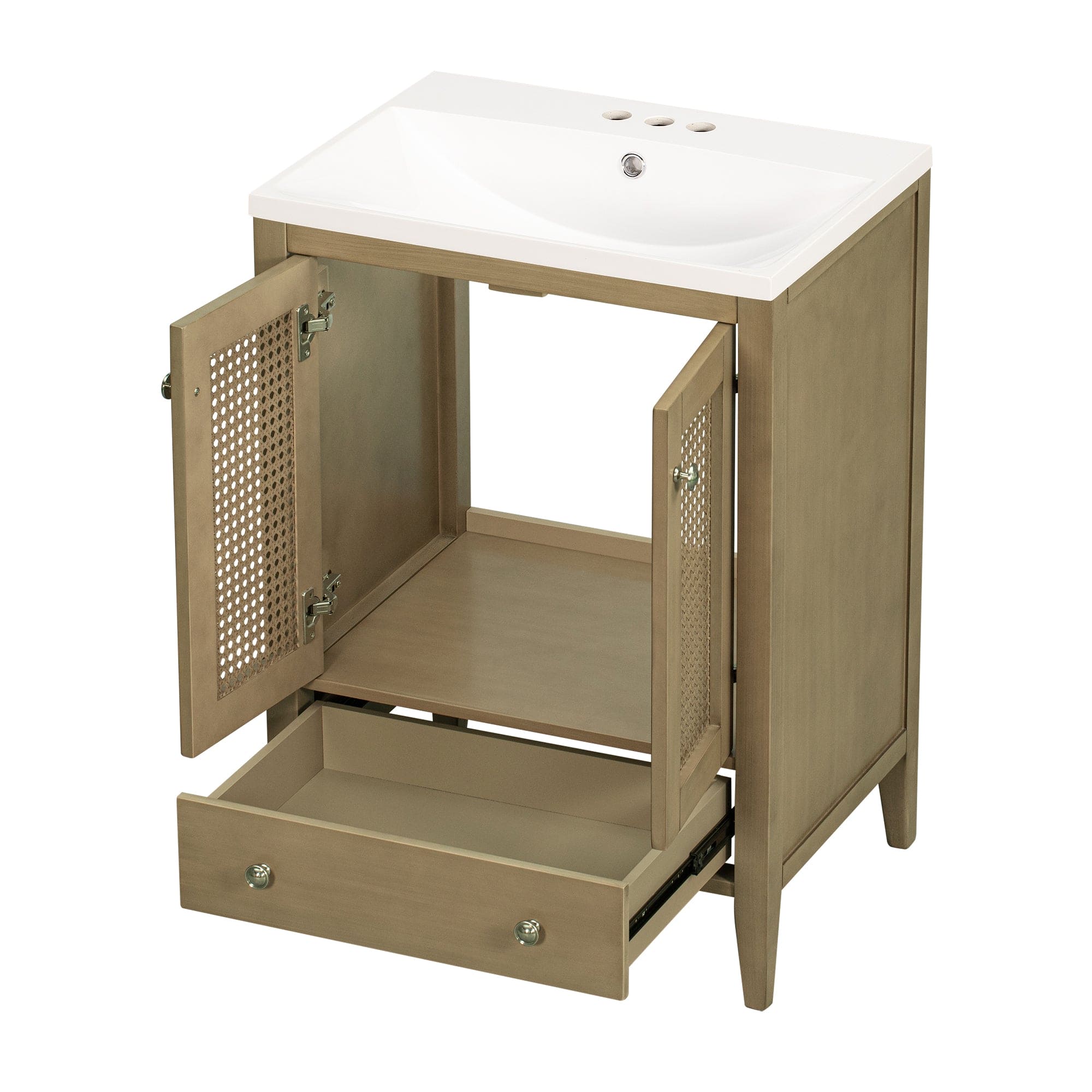 24" Bathroom Vanity with Ceramic Basin, Rattan Bathroom Storage Cabinet with Two Doors and Drawer, Solid Frame, Natural (OLD SKU: JL000008AAD)