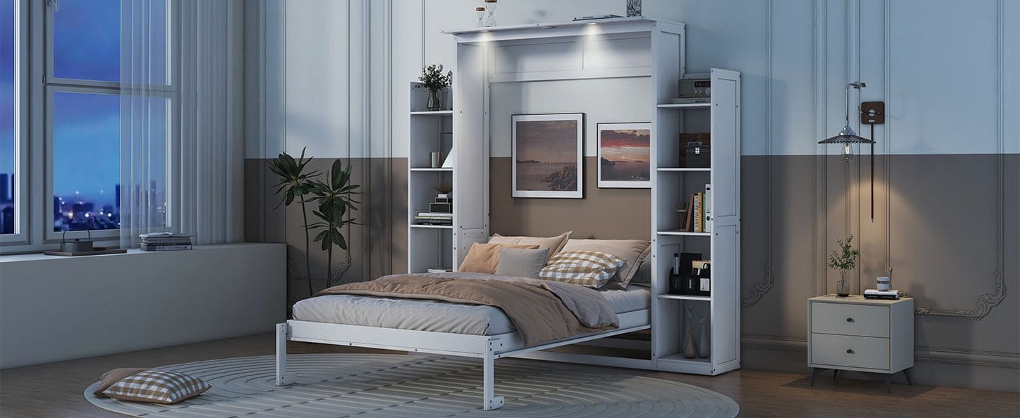 Full Size Murphy Bed Wall Bed with Shelves and LED Lights,White