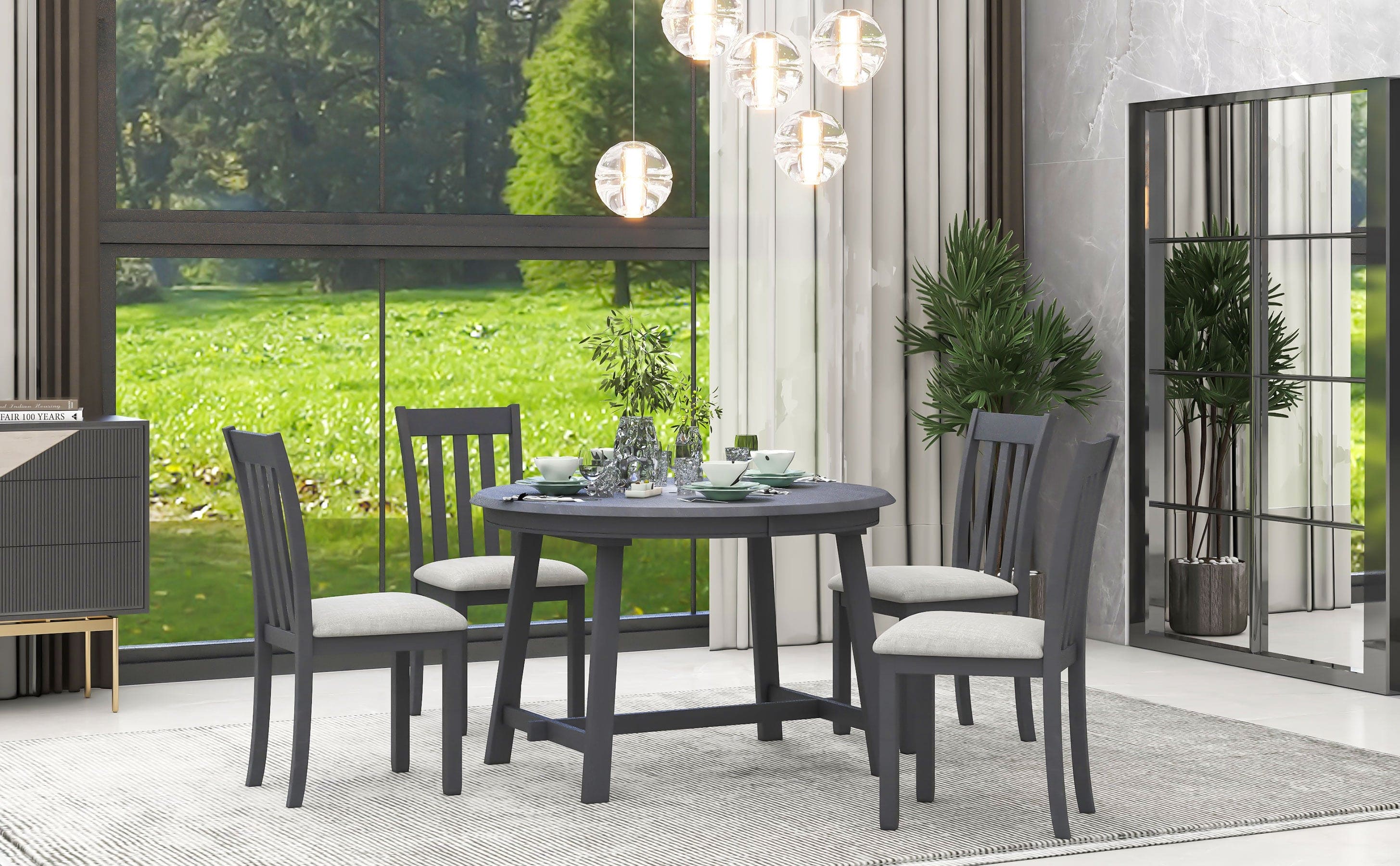 TREXM 5-Piece Wood Dining Table Set Round Extendable Dining Table with 4 Dining Chairs, Dining Room Table Set for 4 person for Dining Room (Gray)