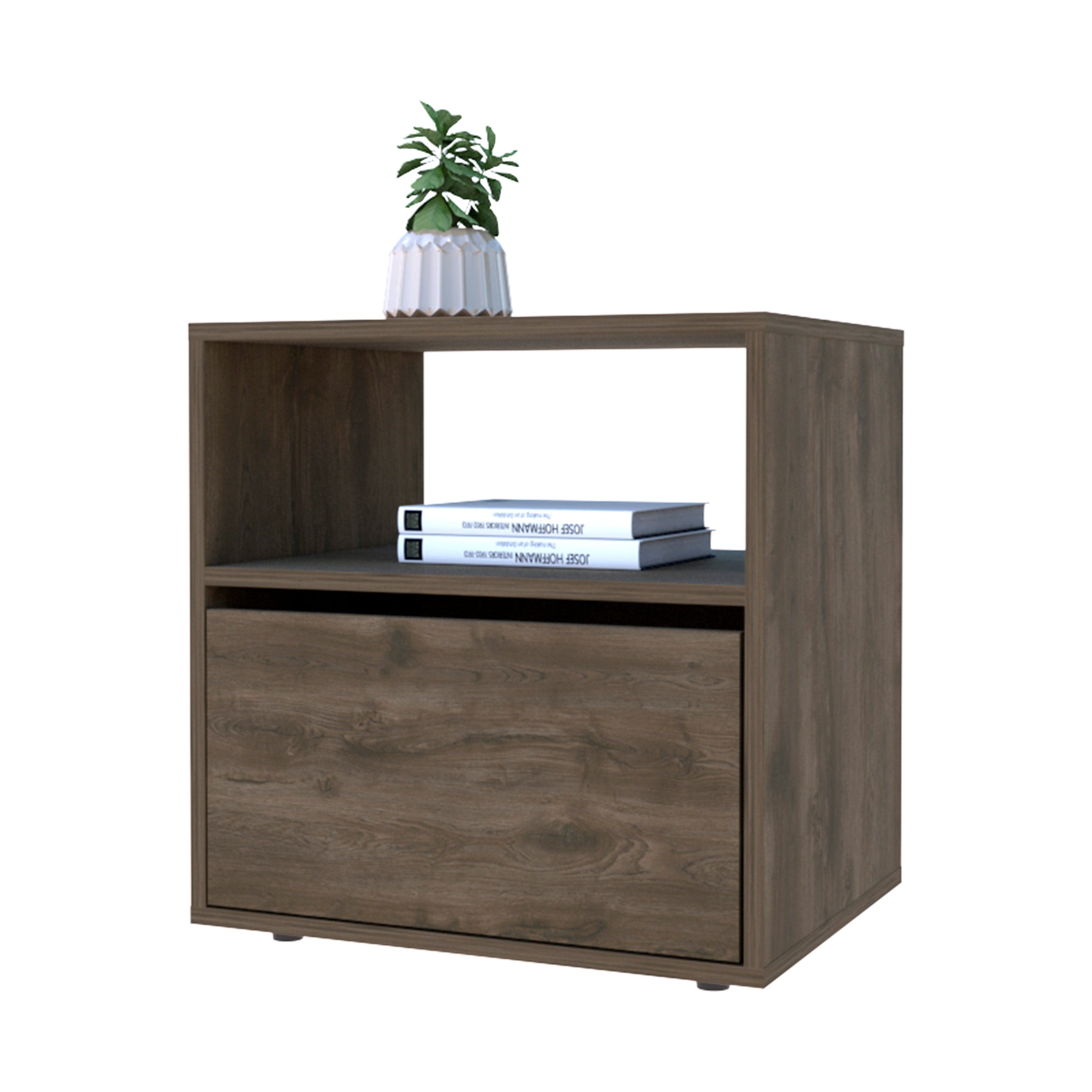 Nightstand Forum, One Open Shelf, One Cabinet, Dark Brown / Black Wengue Finish