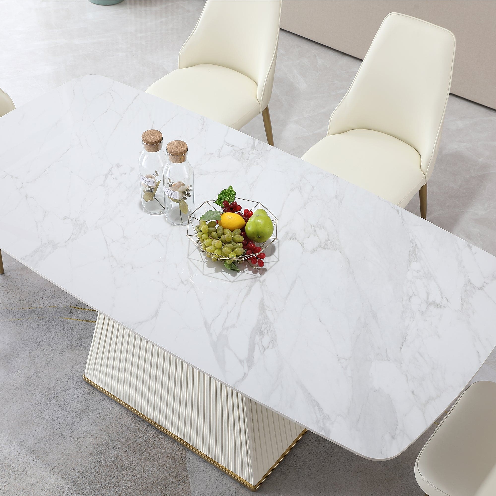 71-Inch Stone DiningTable with Carrara White color and Striped Pedestal Base