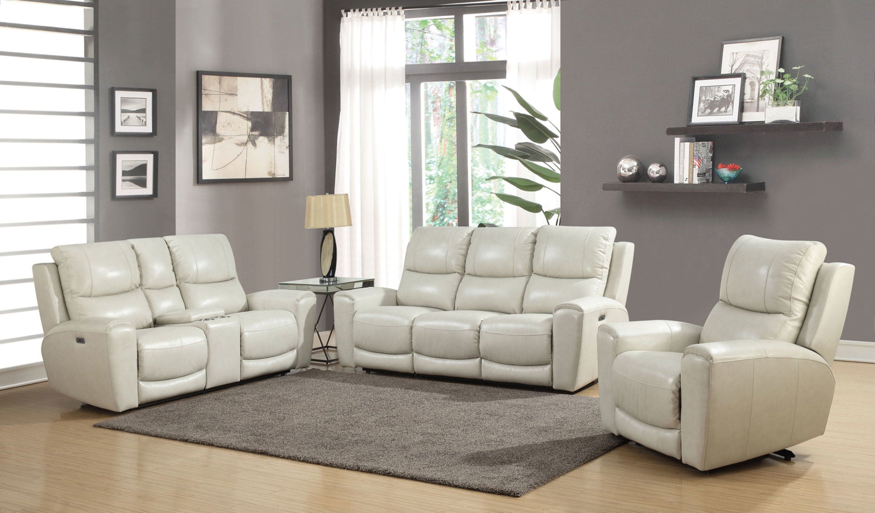 Contemporary Leather Collection - Power Leg Rest, Articulating Headrest - USB Charging, Home Button - Ivory Dual Reclining Sofa, Stylish and Convenient